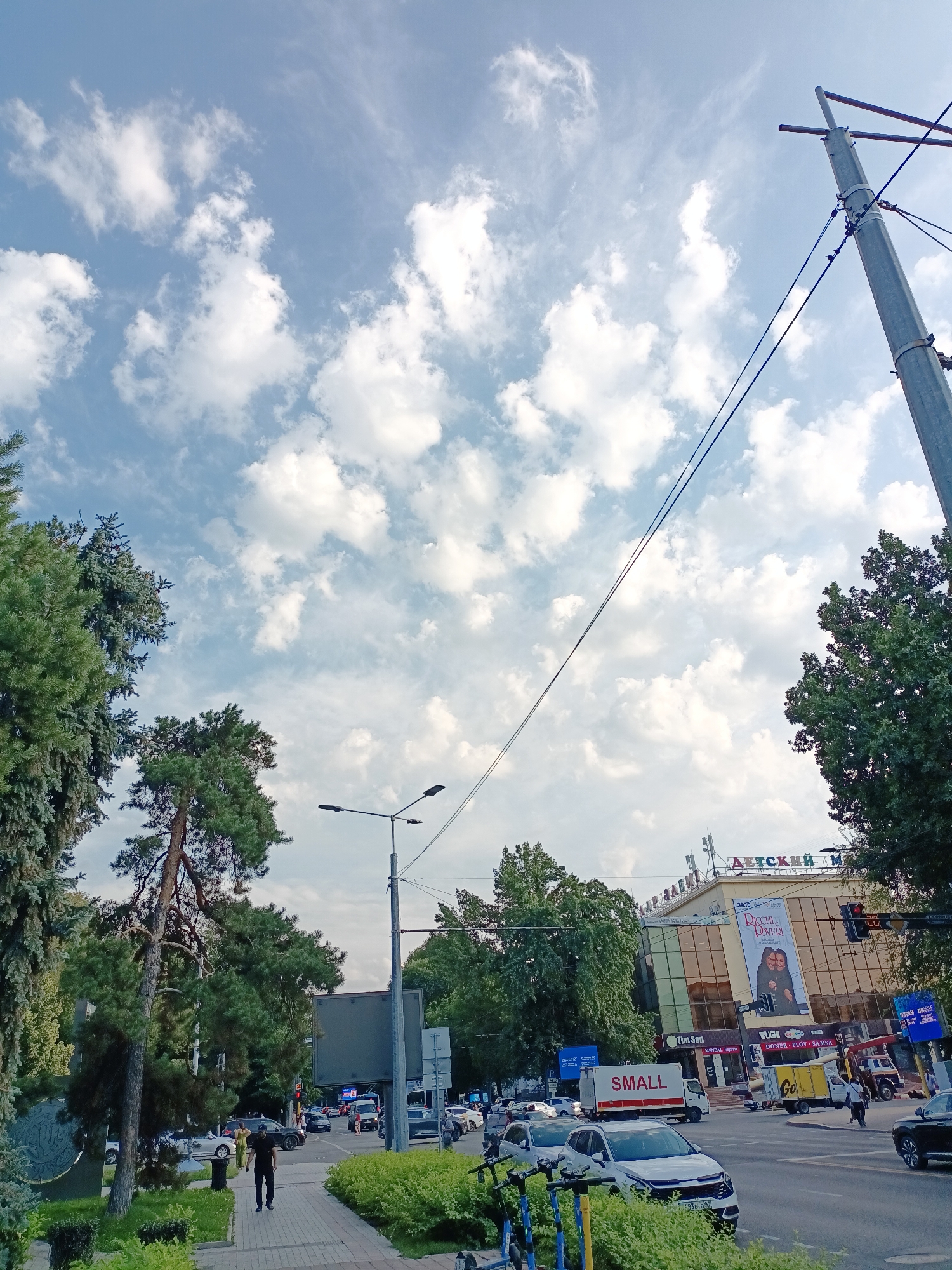 This is a photograph of a street scene in Almaty, Kazakhstan, on a cloudy day. The image is taken from a sidewalk looking towards a street with traffic and a large building.
On the left side of the image, there are several trees and a sidewalk. A person in a black shirt and dark pants is walking on the sidewalk away from the camera. To the right of the sidewalk, there is a street with several cars driving on it, including a white SUV in the foreground.
In the background, there is a large building with a glass facade and a sign that reads "ДЕТСКИЙ МИР" (Children's World) in colorful letters. There are also advertisements on the building. Traffic lights and street lamps are visible. The sky is partly cloudy with white clouds scattered across a light blue sky.
The overall impression is a typical urban street scene in Almaty, with trees, cars, pedestrians, and commercial buildings.