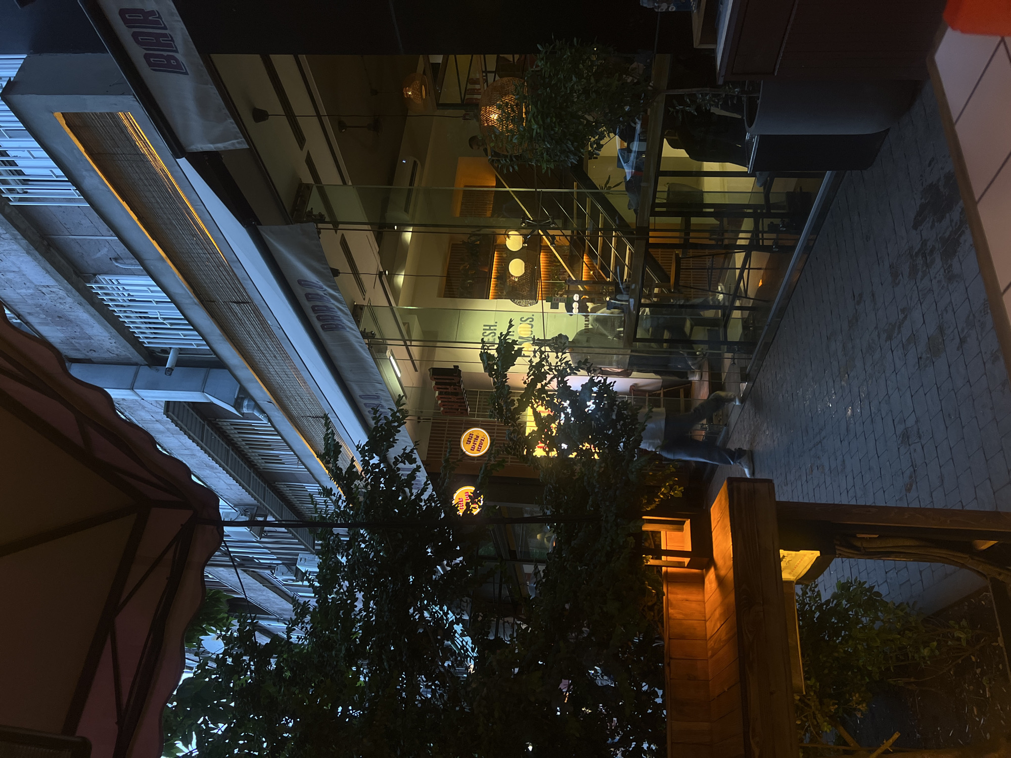 The image captures a street scene in Yerevan, Armenia, at night. The foreground features foliage from trees and a partially visible awning. In the middle ground is a multi-story building with a modern glass facade, reflecting the street and interior lighting. Inside, architectural details such as a staircase and hanging light fixtures are visible. The building appears to be a commercial establishment, possibly a restaurant or bar, with the word "BAR" visible on an awning or sign. In the background, the urban landscape continues with more buildings and streetlights contributing to the ambient illumination. A person is walking on the sidewalk. The street is paved with bricks or stone.