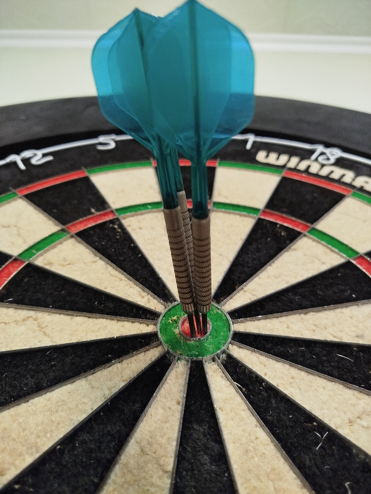 The image shows a close-up of a dartboard with two darts stuck in the bullseye. The darts have teal flights and grooved metal barrels. The dartboard is a standard design with alternating black and white wedges, and concentric rings of green and red. The numbers "12" and "18" are visible on the outer edge of the board, along with the name "Winmau." The background is a blurry off-white. There is no evidence to suggest the location is Varna, Bulgaria.