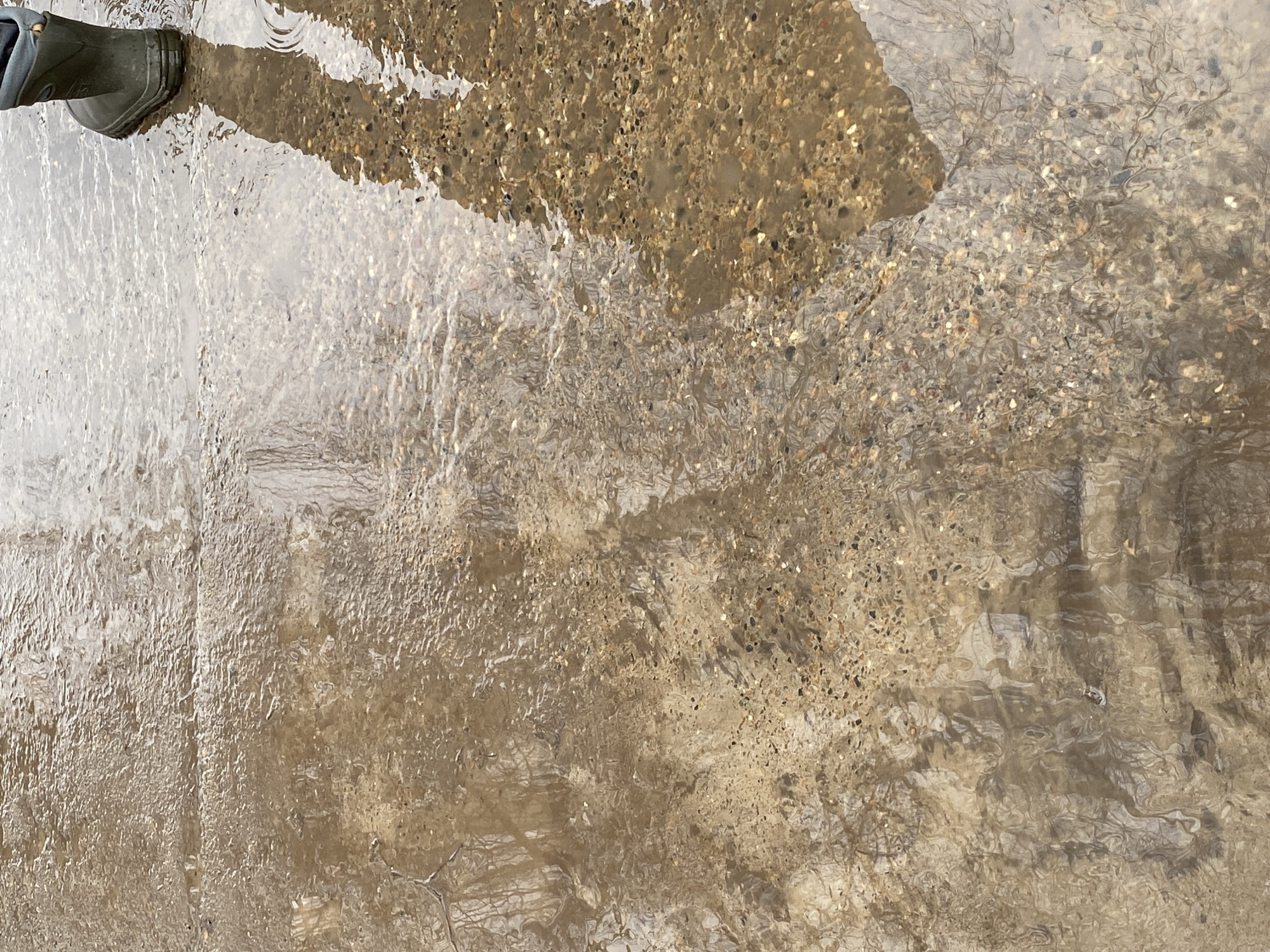 The image shows a flooded concrete surface in an unspecified outdoor location. Part of a green rubber boot is visible in the upper left corner of the frame. The concrete appears to be aggregate or exposed aggregate, with small stones visible. The water reflects elements of the surrounding environment, including what appears to be a tree branch. The location is claimed to be Chaikovsky, Russia, but this cannot be verified from the image alone.