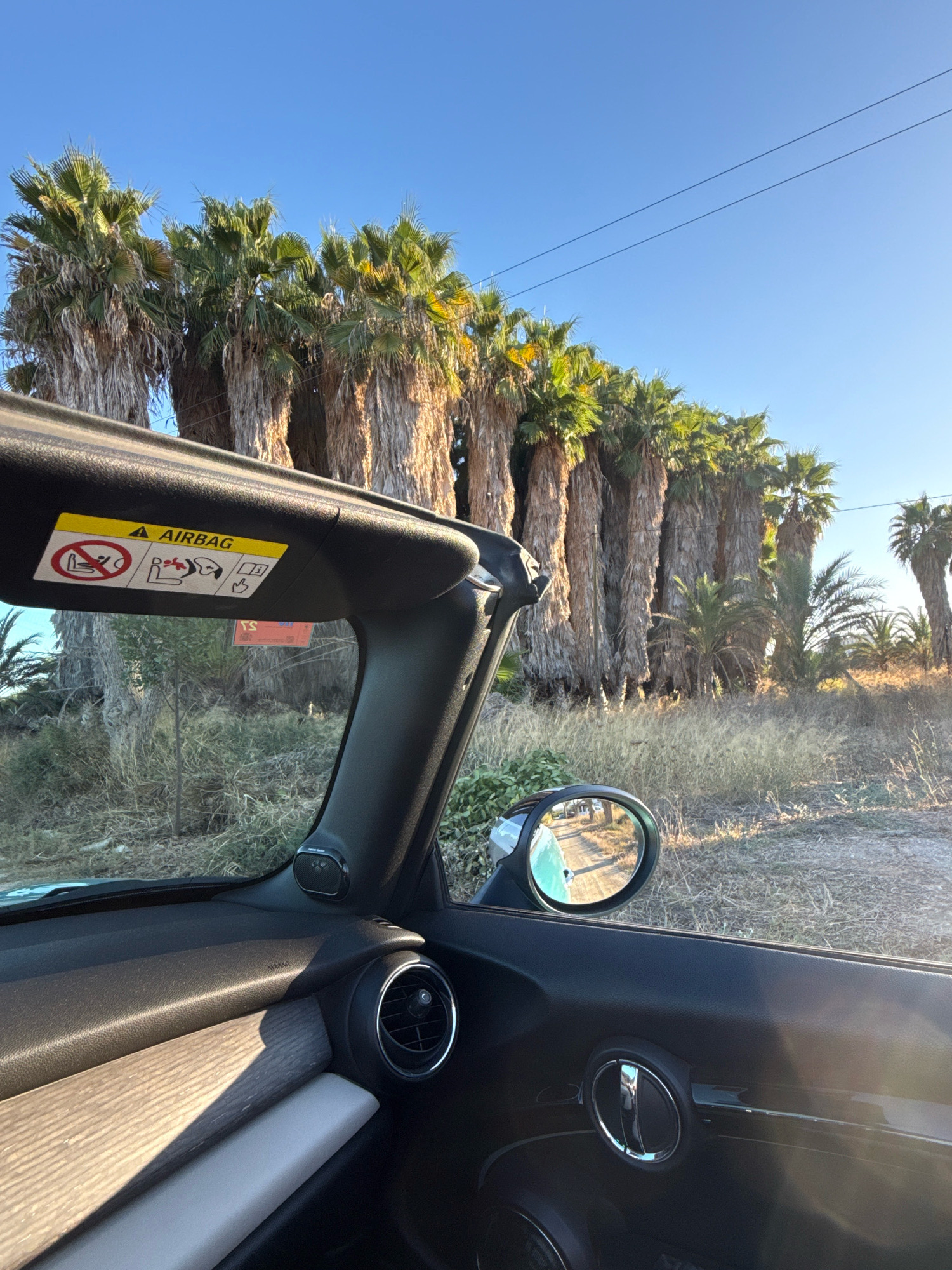The image shows a view from inside a car looking out towards a line of tall, mature palm trees under a clear blue sky. The car's interior is visible, including the dashboard, a sun visor with an airbag warning sticker, and a side mirror reflecting a dirt road and more palm trees. The palm trees are dry and shaggy, with long trunks and green fronds at the top, characteristic of species like the California fan palm or date palm. The surrounding environment appears to be dry and somewhat arid, with sparse vegetation and dry grass. Power lines are visible in the upper right portion of the image. The lighting suggests it is either early morning or late afternoon, with the sun casting long shadows. The location is specified as Santa Eulària des Riu, Spain, which is known for its Mediterranean climate and palm-lined streets and landscapes.