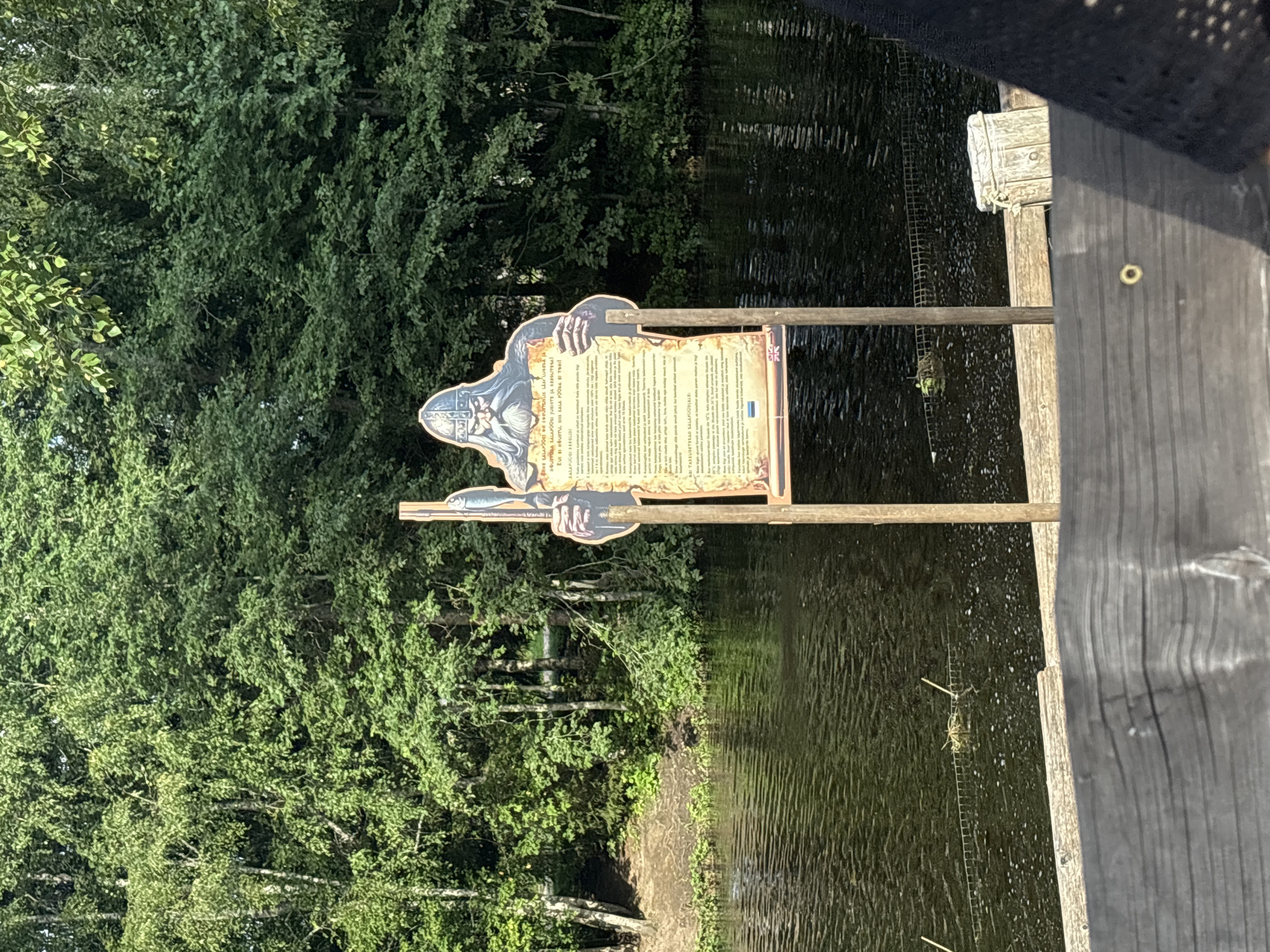 The image shows a wooden sign with a drawing of a Viking warrior holding a spear and a fish, placed near a body of water. The sign has text written on it, in what appears to be Estonian. The background consists of a dense forest with lush green trees and a calm body of water. In the foreground, there is a wooden pier. The sign depicts a historical figure and information, possibly related to local history or attractions in Saula, Estonia. The environment suggests a natural setting, likely a park or recreational area by the water.