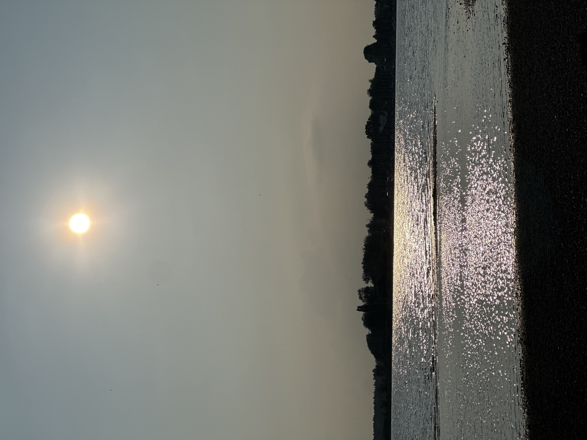 The photograph captures a serene lake scene with the sun shining brightly in a hazy sky. The sun's rays create a shimmering, sparkly effect on the water's surface. In the background, a silhouetted line of trees and structures forms a distant shoreline. The foreground is a dark, pebbly beach. This image was taken in Chieming, Germany, likely near the shore of Chiemsee, a large lake in Bavaria. The overall impression is one of a peaceful, late afternoon or early evening setting.