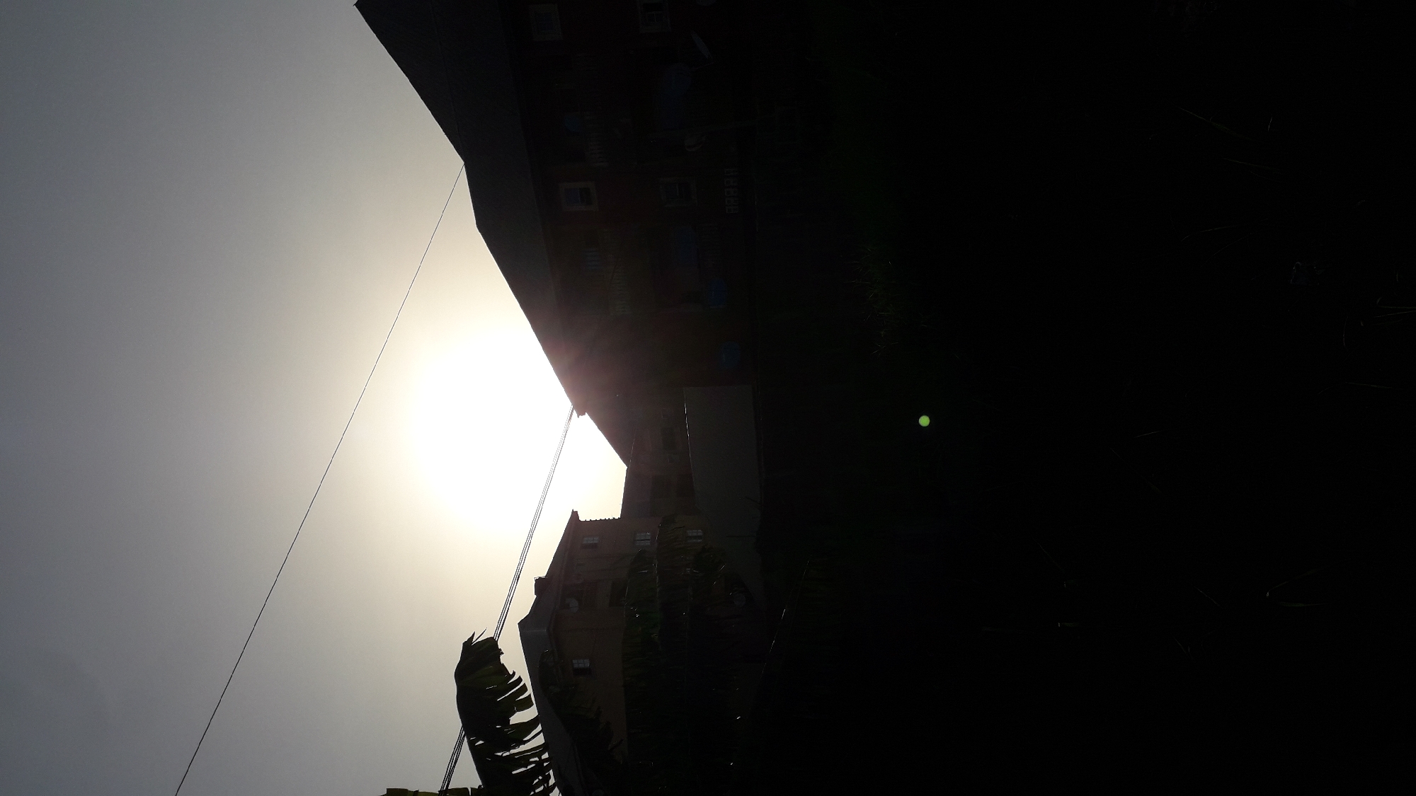 The image shows a view looking upwards at a building partially silhouetted against a bright, hazy sky. The sun is a dominant light source. A wire runs diagonally across the sky. Part of the building is in shadow, making details difficult to discern. Some leaves are visible. A green dot appears in the dark section of the frame.