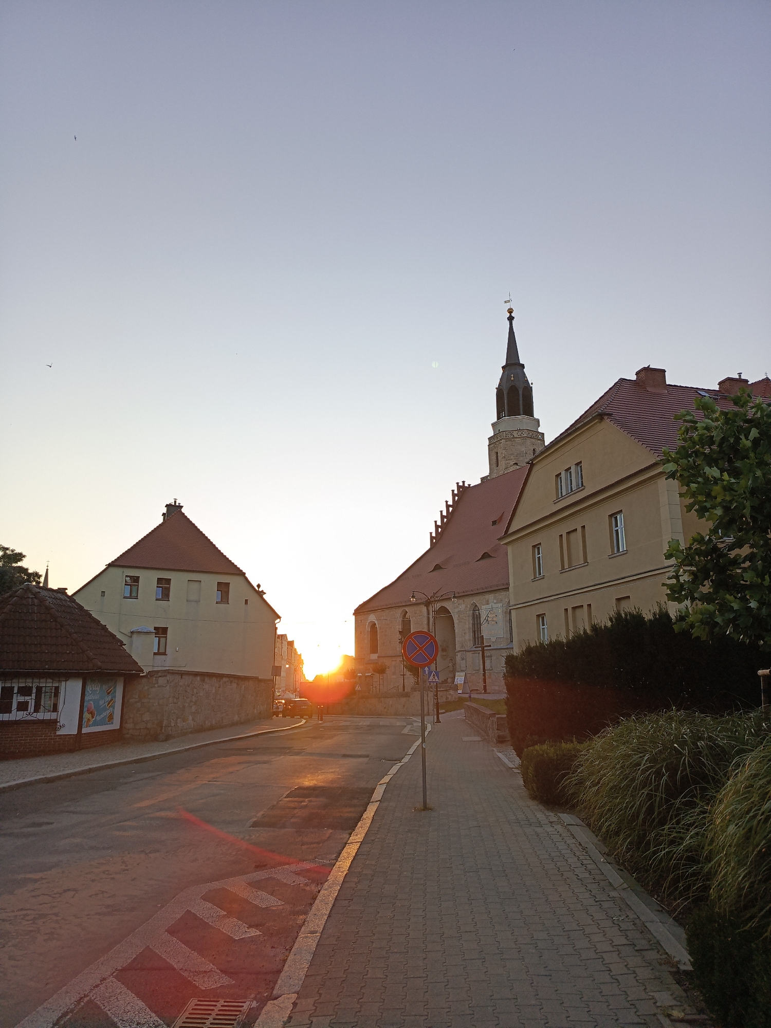 The image shows a street scene in Bolesławiec, Poland, at sunrise. The sun is low on the horizon, casting a warm glow and long shadows. On the right side of the street, there is a sidewalk paved with interlocking gray stones, bordered by a neatly trimmed hedge and a patch of tall ornamental grass. Buildings line the left side of the street, including a building with a red tiled roof and windows, and further down, a building that appears to be a church with a tall steeple. The street itself is asphalt with a pedestrian crossing marked by white lines. There are a few cars visible on the street. The sky is clear and a pale blue, with two birds flying in the distance. A traffic sign with a red circle and a blue background is visible on the sidewalk. The overall impression is a quiet, picturesque morning in a European town.