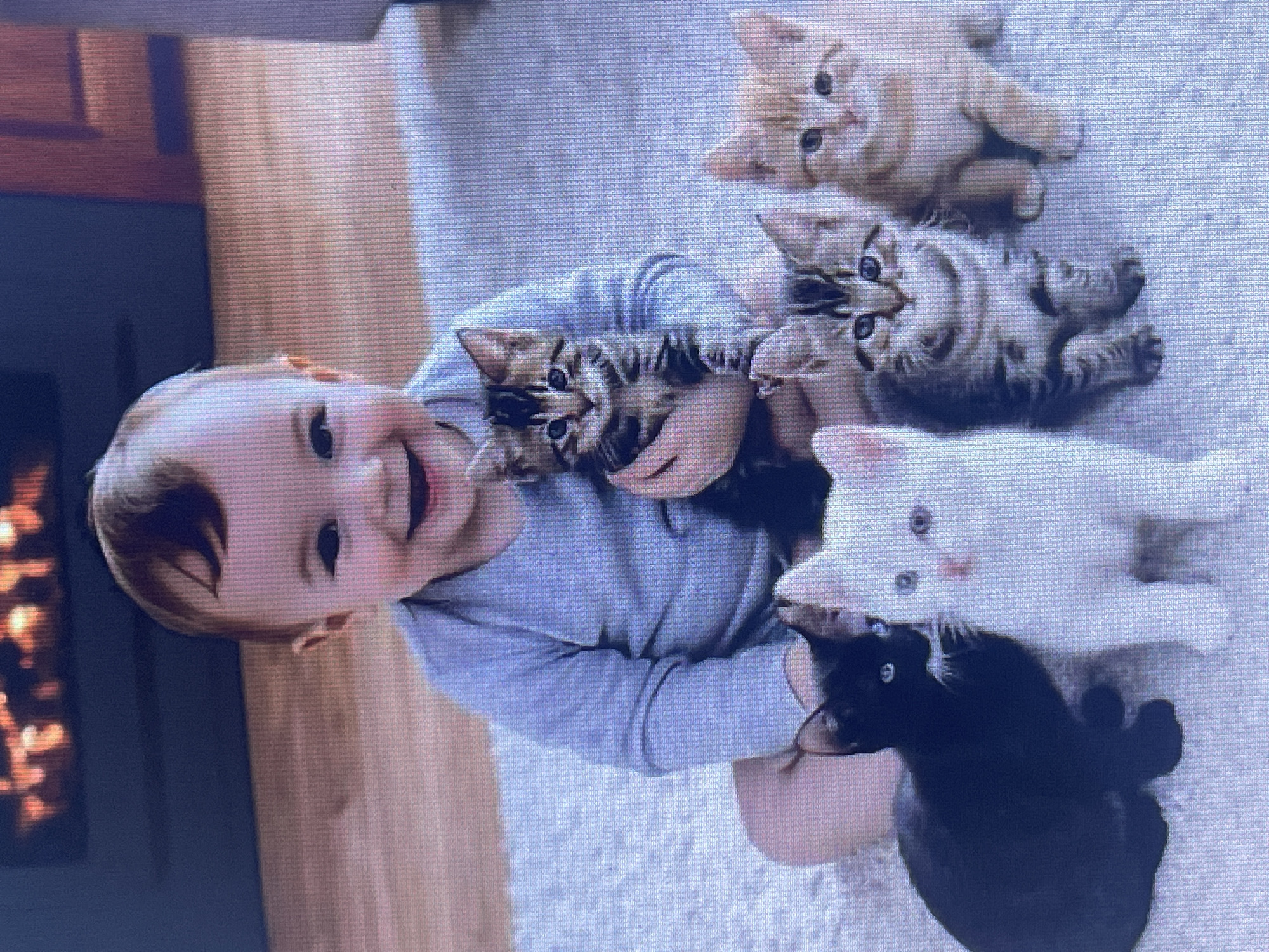 A baby sits on a fluffy white rug in front of a fireplace, surrounded by five kittens. The baby, wearing a light blue long-sleeved shirt, is smiling broadly. A black kitten is to the baby's left, and a white kitten is to the baby's right. A tabby kitten is held in the baby's arms, and two more tabby kittens are in front of the baby. The fireplace has a visible flame and a dark surround. The floor is a light wood. The image is not located in Stary Oskol, Russia.
