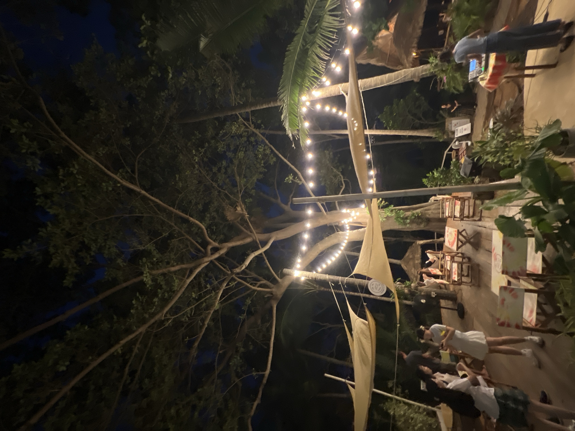 This media file shows an outdoor evening scene at a restaurant or bar, possibly in Karon, Thailand. The setting is dimly lit, with string lights illuminating the area and creating a festive atmosphere. Tall trees with dense foliage and palm fronds are visible, suggesting a tropical environment.
In the foreground, a white tent-like structure hangs, adding to the ambiance. In the background, several people are gathered. One person, wearing a light blue shirt and dark pants, appears to be a DJ or staff member operating a sound system or equipment at a table. Another person is seen in a white dress, and others are milling about. Small wooden tables and chairs are arranged, typical of an outdoor dining area.
The time of day is clearly night, indicated by the darkness and the artificial lighting. The weather appears calm. There are no discernible emotions evident in the people captured in the image. Some signage is visible on the tables in the background, but the text is illegible. The overall impression is of a relaxed and enjoyable evening at a tropical establishment.