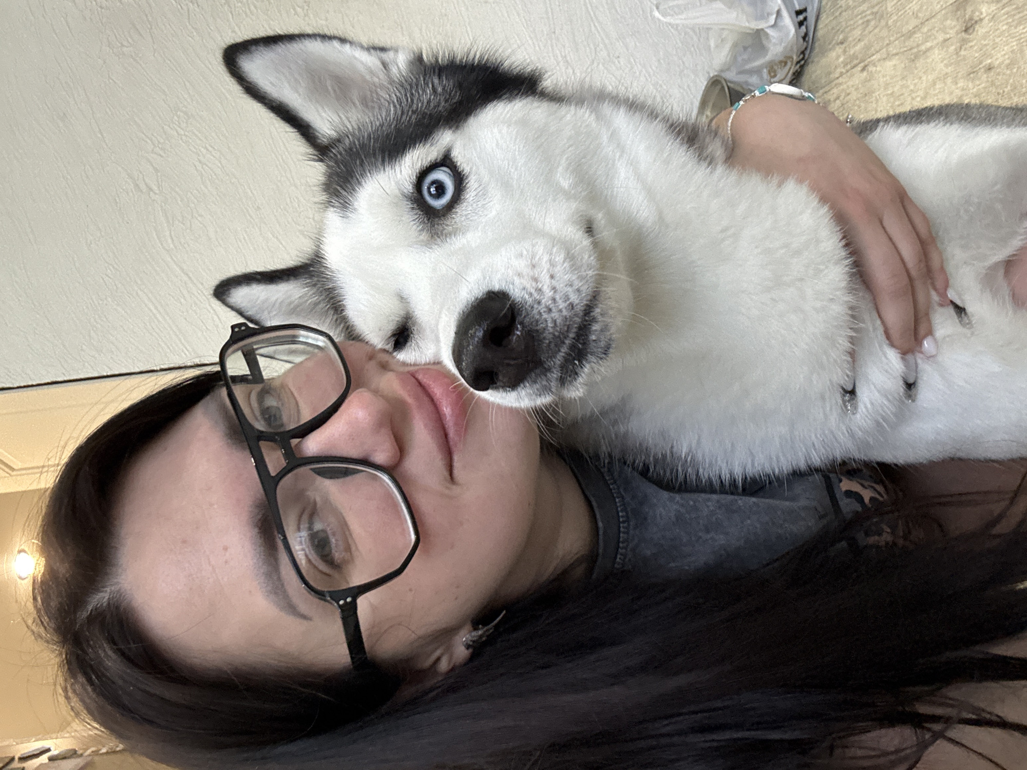 An intimate, sideways-oriented portrait captures a woman and a Husky dog sharing a close moment indoors. The woman, with long dark hair and wearing black-rimmed eyeglasses, is positioned on the left side of the frame, with her face looking towards the camera. A grey top is visible on her shoulder.
The Husky, characterized by its white and black fur and striking bright blue eyes, lies very close to the woman, resting its head near her face. Its gaze is directed intently towards the camera. One of the dog's furry legs or its body is gently draped over the woman's right arm, where a silver bracelet with light-colored beads is visible. The woman's hand, adorned with light-colored nail polish, is seen resting on the dog's soft fur.
The background primarily consists of a plain, light-colored surface, possibly a wall, with some texture. A blurred area in the upper right suggests a wooden floor and an indistinct light-colored object, possibly a plastic bag. The image conveys a warm and affectionate bond between the owner and her pet. No legible text is visible in the frame.