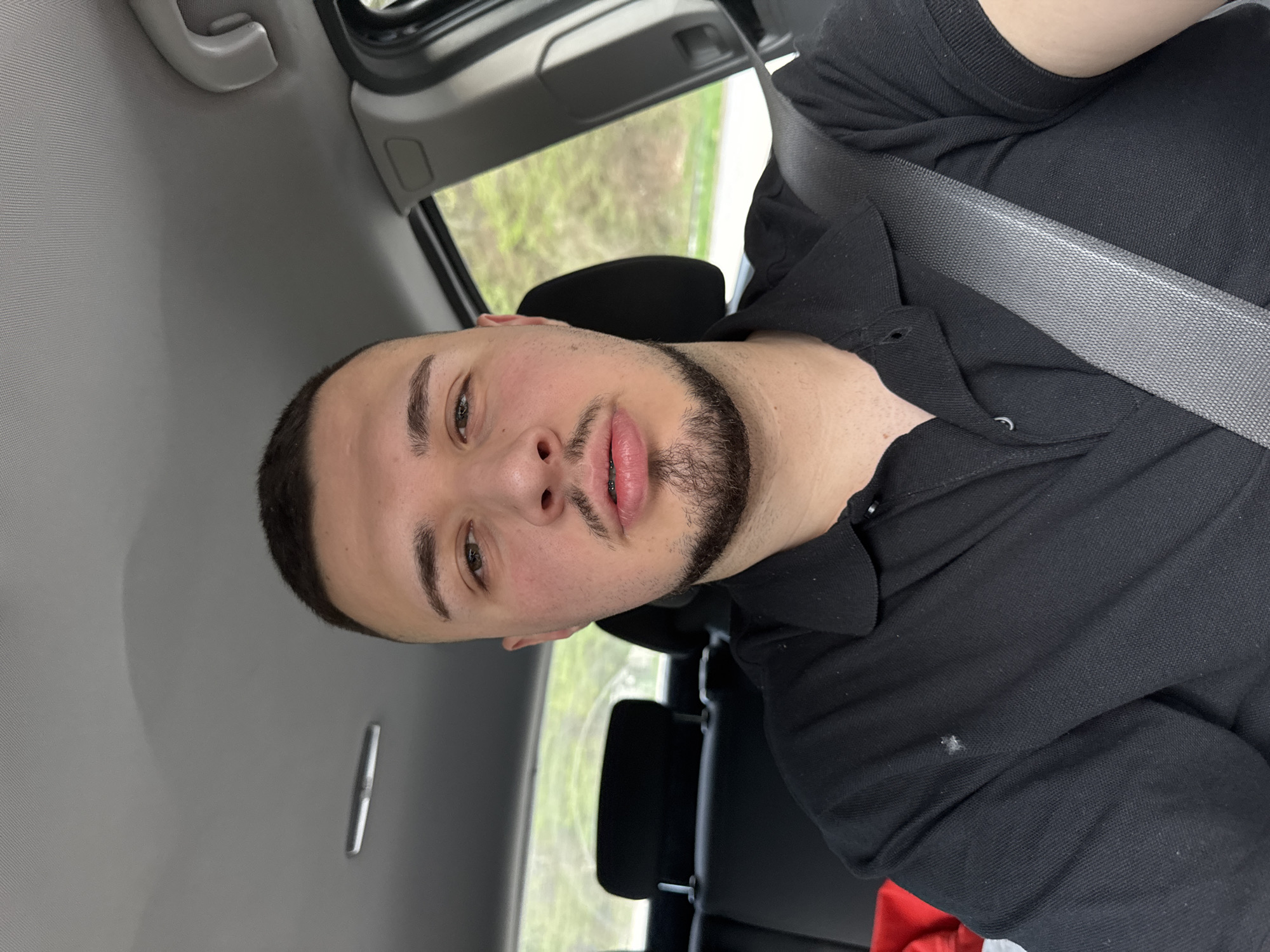 A man is inside a car, wearing a black polo shirt and a seatbelt. The view out of the car window shows greenery, suggesting the surrounding environment includes vegetation, but no details related to the city of Hvoina, Bulgaria, are directly discernible. The car interior is gray.