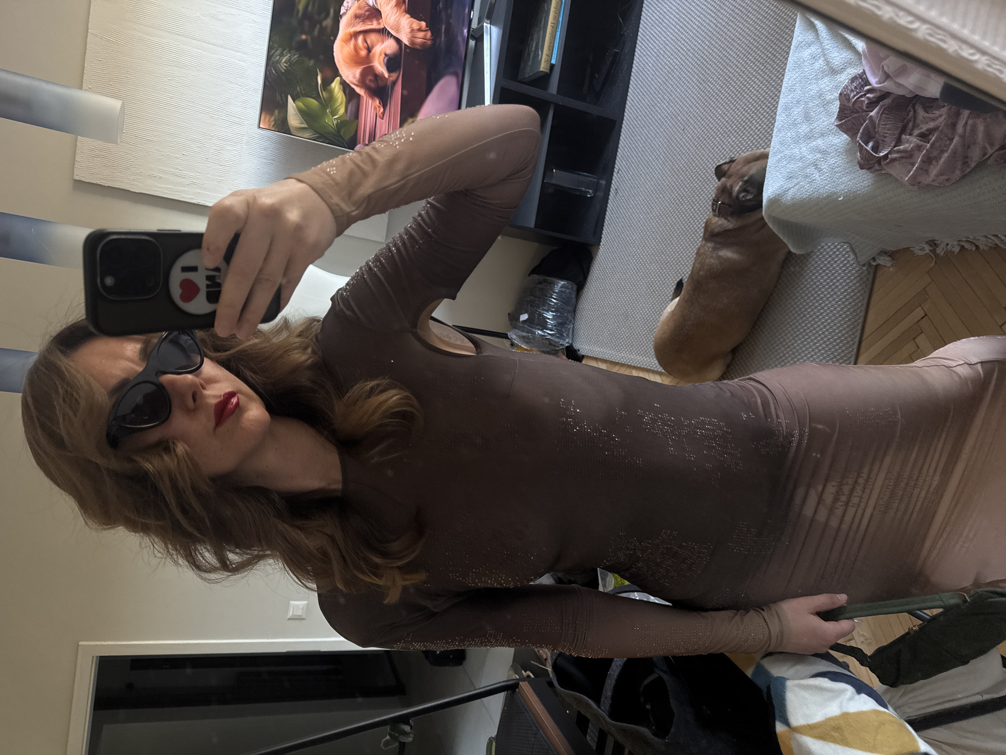 The image depicts a woman taking a selfie in what appears to be an indoor environment. She is wearing sunglasses and a brown, form-fitting dress with long sleeves. Her hair is wavy and brown. She is holding a smartphone with a black case adorned with a heart-shaped design.
In the background, there is a television displaying an image of a dog, a black shelving unit with books and other objects, a gray rug, and a dog resting near the edge of a couch. There is also a water bottle on the floor. The location appears to be a residential space, but the city of Sofia, Bulgaria, cannot be confirmed from the image.
