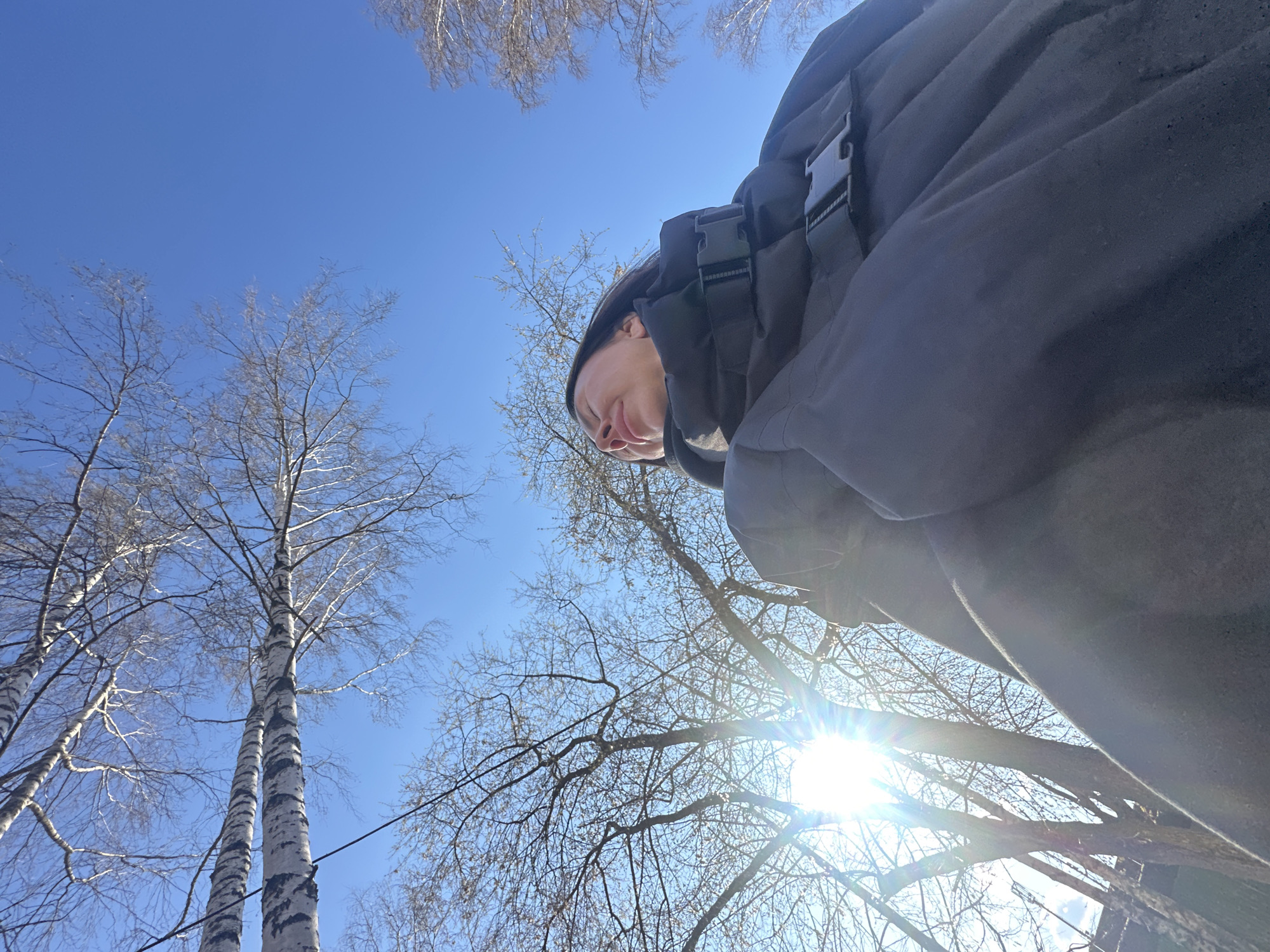 A low-angle shot, likely a selfie, shows a person in a dark jacket with visible buckles. The person is slightly tilted toward the viewer, with a portion of their face visible. Above and behind the person, the sky is a clear blue, interspersed with the bare branches of trees. Some of the trees have distinctive white bark with black markings, suggesting birch trees. The sun is shining brightly through the trees, creating a lens flare effect. Given the presence of birch trees, the location is likely a wooded area or park. The picture was taken in Votkinsk, Russia.