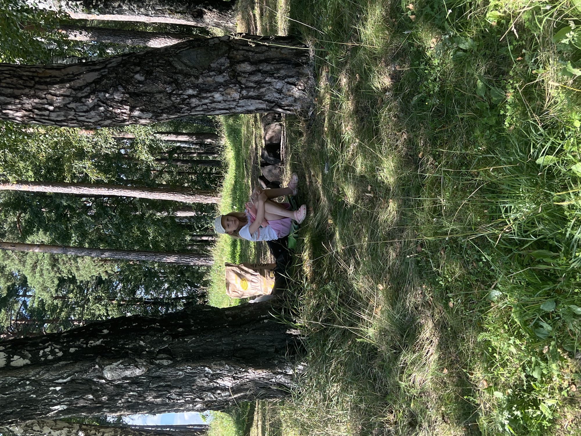 A young girl wearing a white cap, white t-shirt, and pink shorts sits on the ground in a forest clearing. She is holding a pink object, possibly a toy, in her lap. To her left is a large brown bag with yellow lettering that reads "УГОЛ". Behind her, a ring of stones suggests a fire pit. The ground is covered in grass and fallen leaves. The trees are tall and dense, with sunlight dappling through the leaves. The scene appears to be in Romashka, Russia, a location known for its natural beauty and recreational areas.