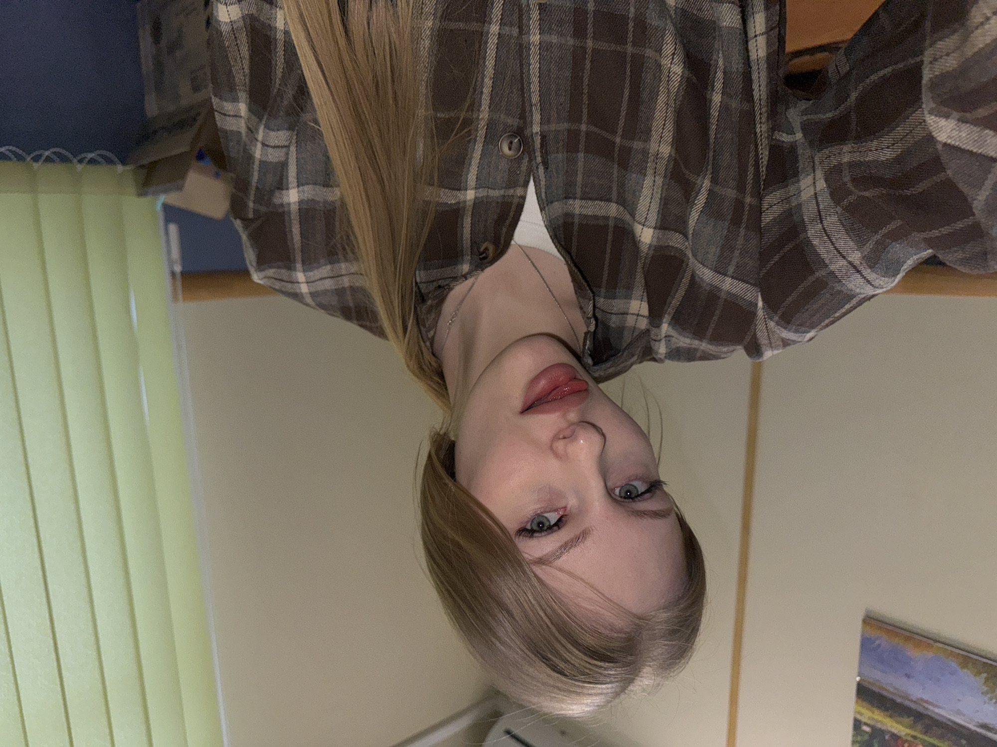 A young woman with light blonde hair and blue eyes is pictured from a low angle, appearing upside down. She is wearing a brown and gray plaid shirt, unbuttoned at the top, revealing a white top underneath. A thin silver necklace is visible around her neck. Her lips are full and slightly parted.
In the background, there are vertical blinds on the left. Behind her, there is a beige-colored wall and a framed picture hanging on the wall on the right. The location is reported to be in Perm, Russia, but there is no visual information confirming this.