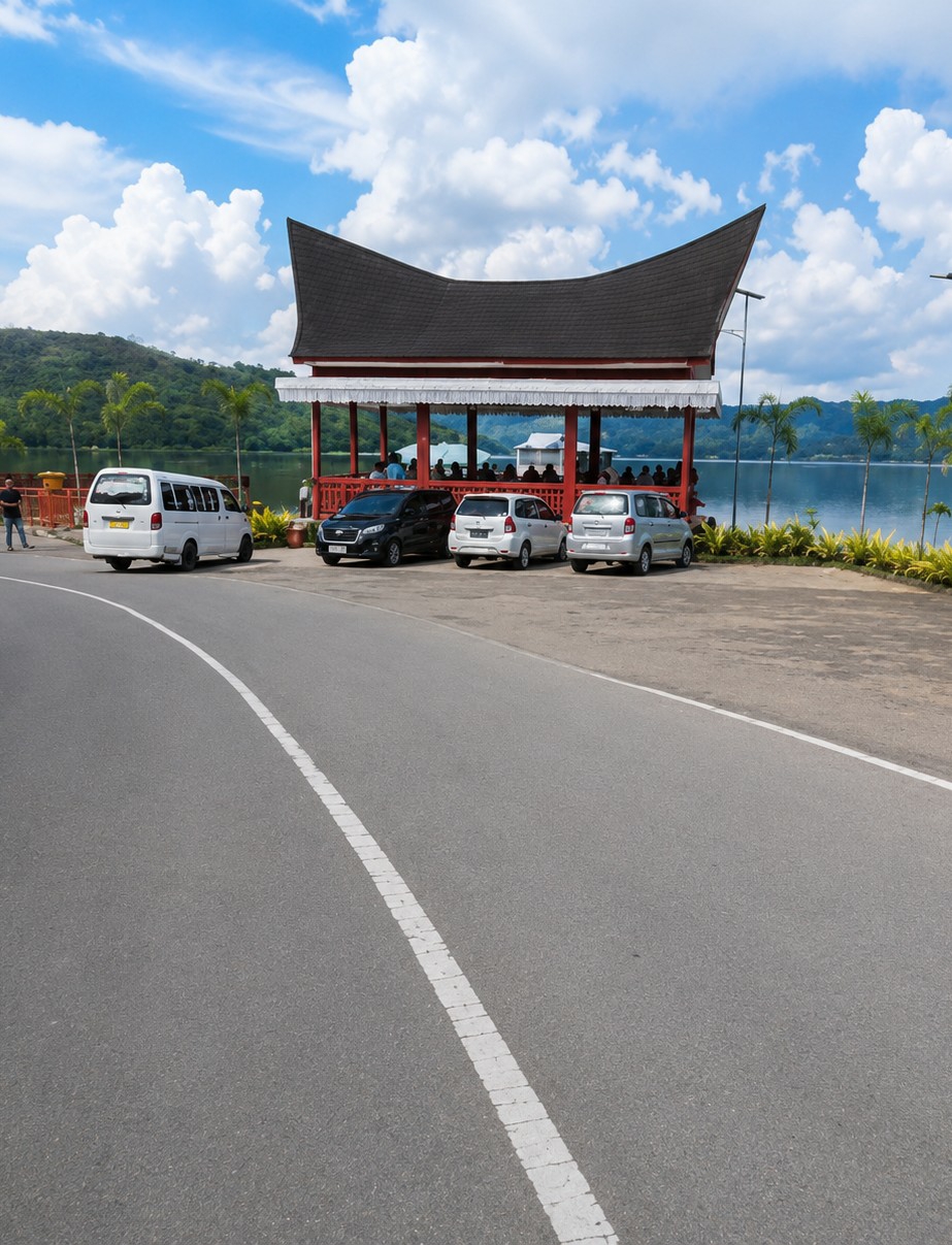 The image shows a paved road curving to the left in the foreground, with a white dashed line marking its center. In the background, there is a traditional building with a dark, curved roof supported by red posts, housing several people. To the left of this structure, a white van is parked. In front of the building, three cars are parked: a black sedan, a white sedan, and a silver sedan. Beyond the building, a large body of water is visible, with green hills and palm trees lining the shore. The sky is blue with scattered white clouds. The scene appears to be a scenic location, possibly a rest stop or a tourist attraction, situated near a lake or reservoir. The architecture of the building suggests a cultural context, possibly Indonesian. The overall environment is bright and sunny, indicating daytime.