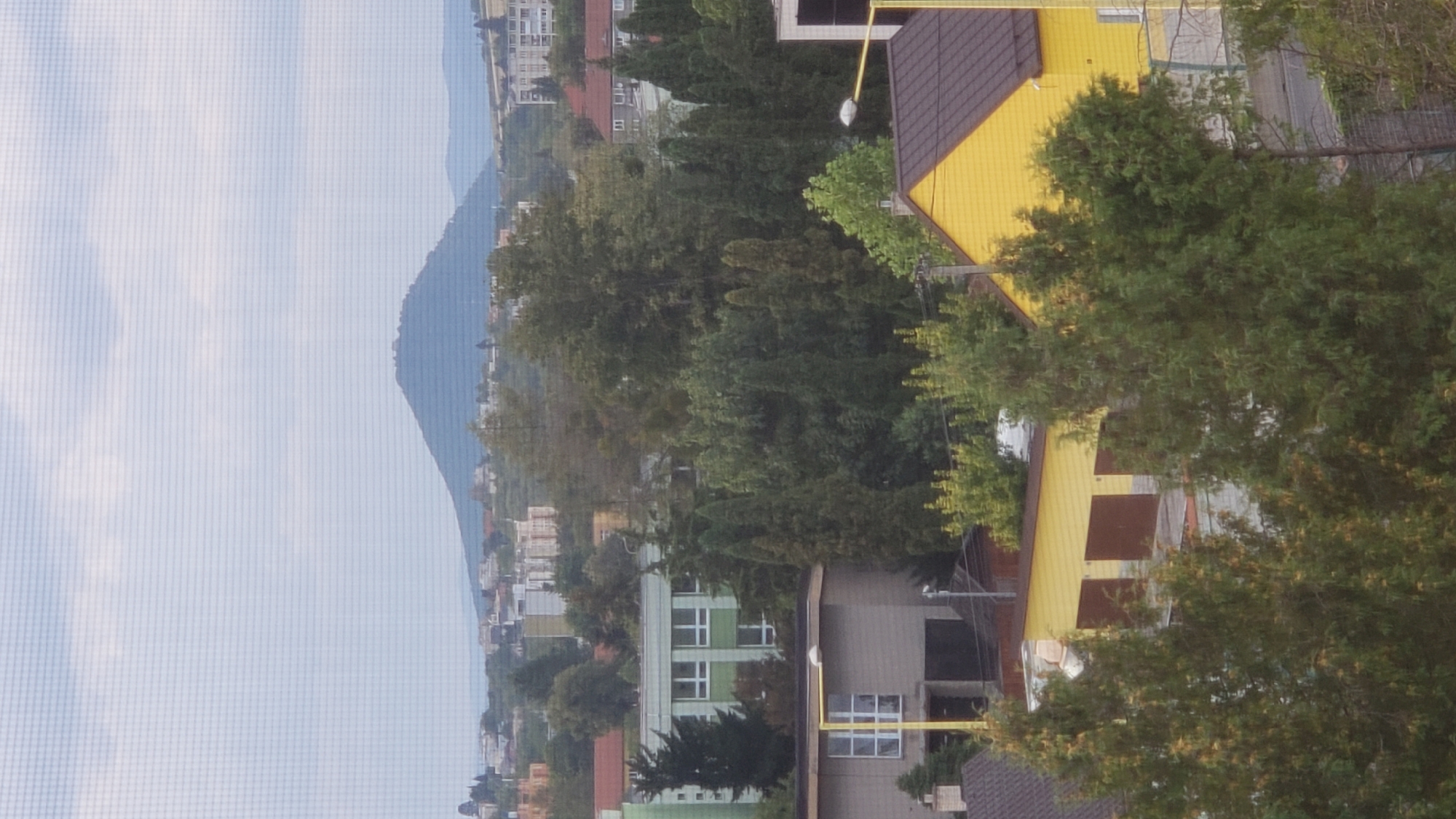 The image shows a view of a city in Prešov, Slovakia, from a window with a visible screen mesh. In the distance, a large, rounded hill with a flattened top dominates the horizon under a cloudy sky. The middle ground features a dense collection of trees, with a green building with white-framed windows visible to the left, and a grey building with a similar window and a yellow lamppost in front of it to the left foreground. Further to the right, a bright yellow building with a dark brown roof and three dark brown garage doors is partially obscured by trees. The foreground is filled with the tops of various green trees. The scene depicts a residential or suburban area with elements of nature.