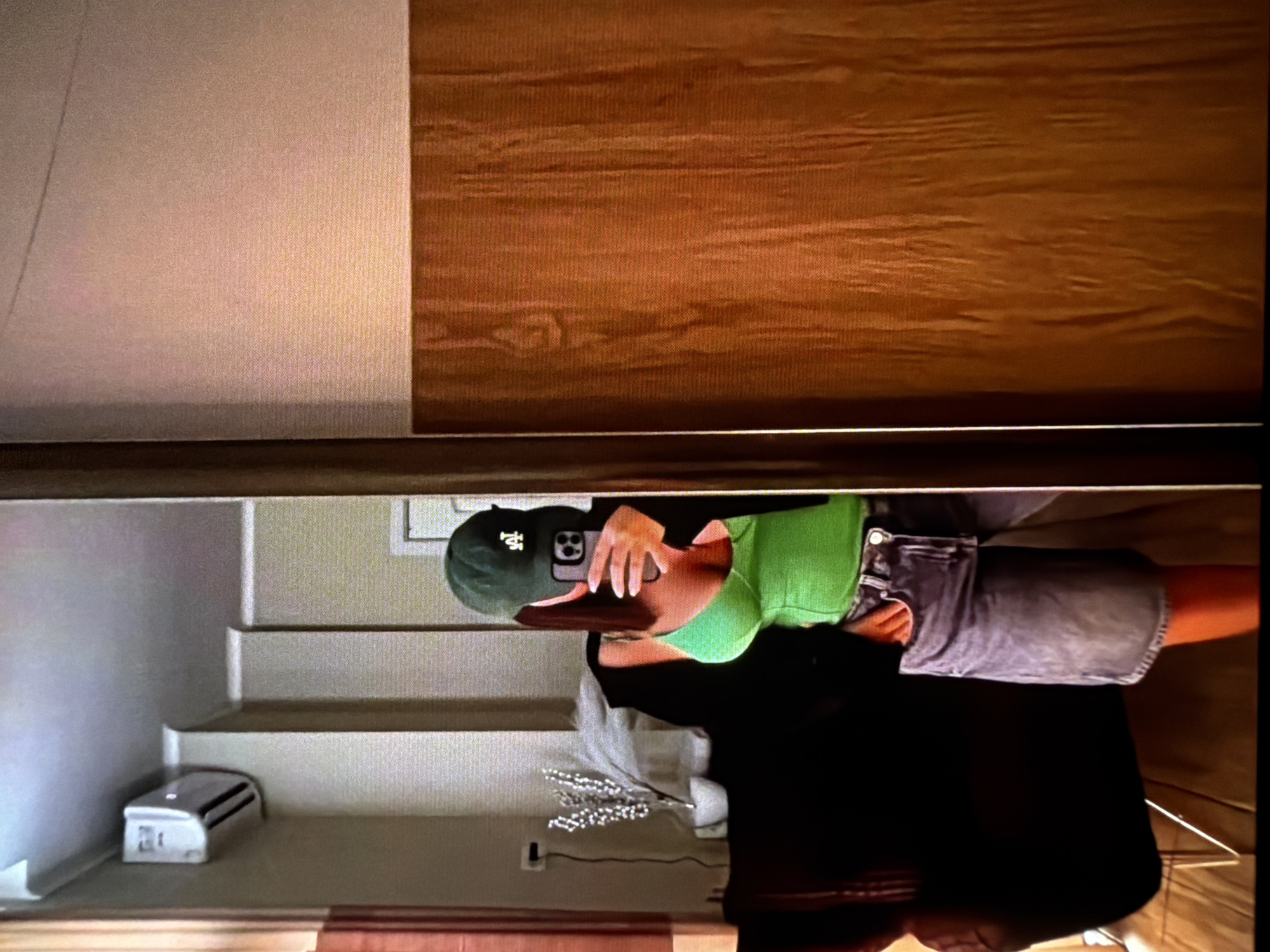 The image shows a person wearing a green top, grey shorts, and a baseball cap taking a photo with a phone. The person is standing indoors, with stairs and a wall visible in the background. There is a white object on the stairs and decorative branches in a vase. The environment includes wooden paneling and a beige wall. The city and state are unknown.