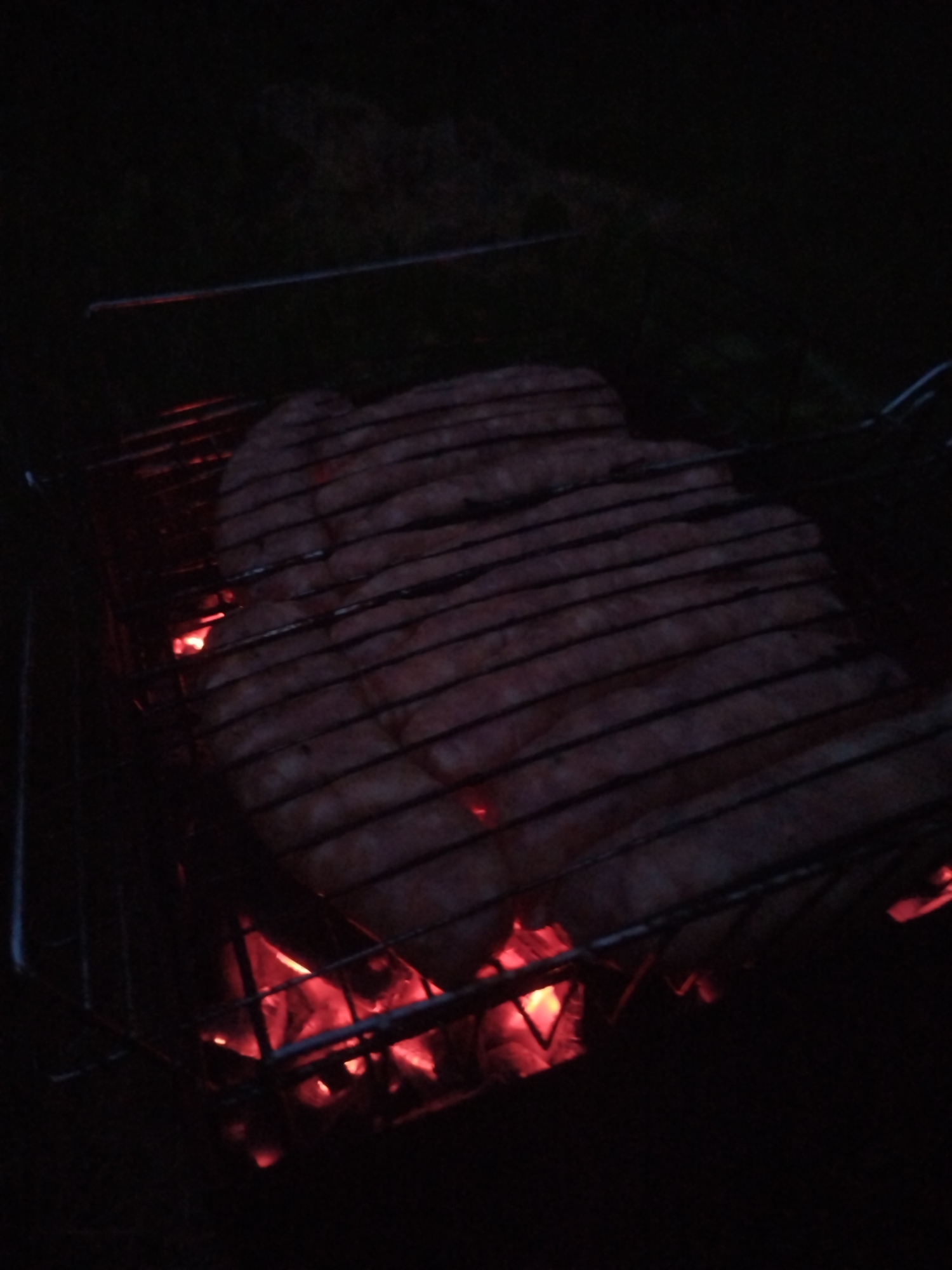 In a dimly lit outdoor environment, a metal grill basket containing several rows of uncooked sausages sits above glowing red embers. The sausages are pale pink and appear to be oriented horizontally within the grill. The grill basket itself is dark and appears to be made of thin metal rods. The background is entirely black, indicating a low-light or nighttime setting. There are no people or other objects visible in the frame.