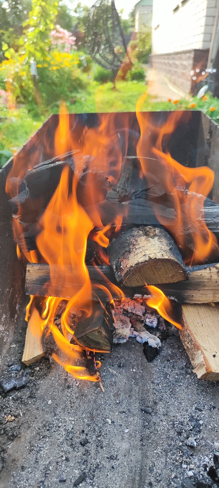 In the foreground, a close-up view shows burning wood in a barbecue grill. The flames are a vibrant orange and yellow, engulfing several pieces of chopped wood. The grill is filled with ash and charcoal, indicating the fire is active. In the background, the scene is blurred but suggests an outdoor environment with green foliage, possibly a garden or yard, with a light-colored building visible in the distance. The overall impression is one of a domestic outdoor setting in the city of Lyozna, Lyozna District, Belarus, with a barbecue in progress.