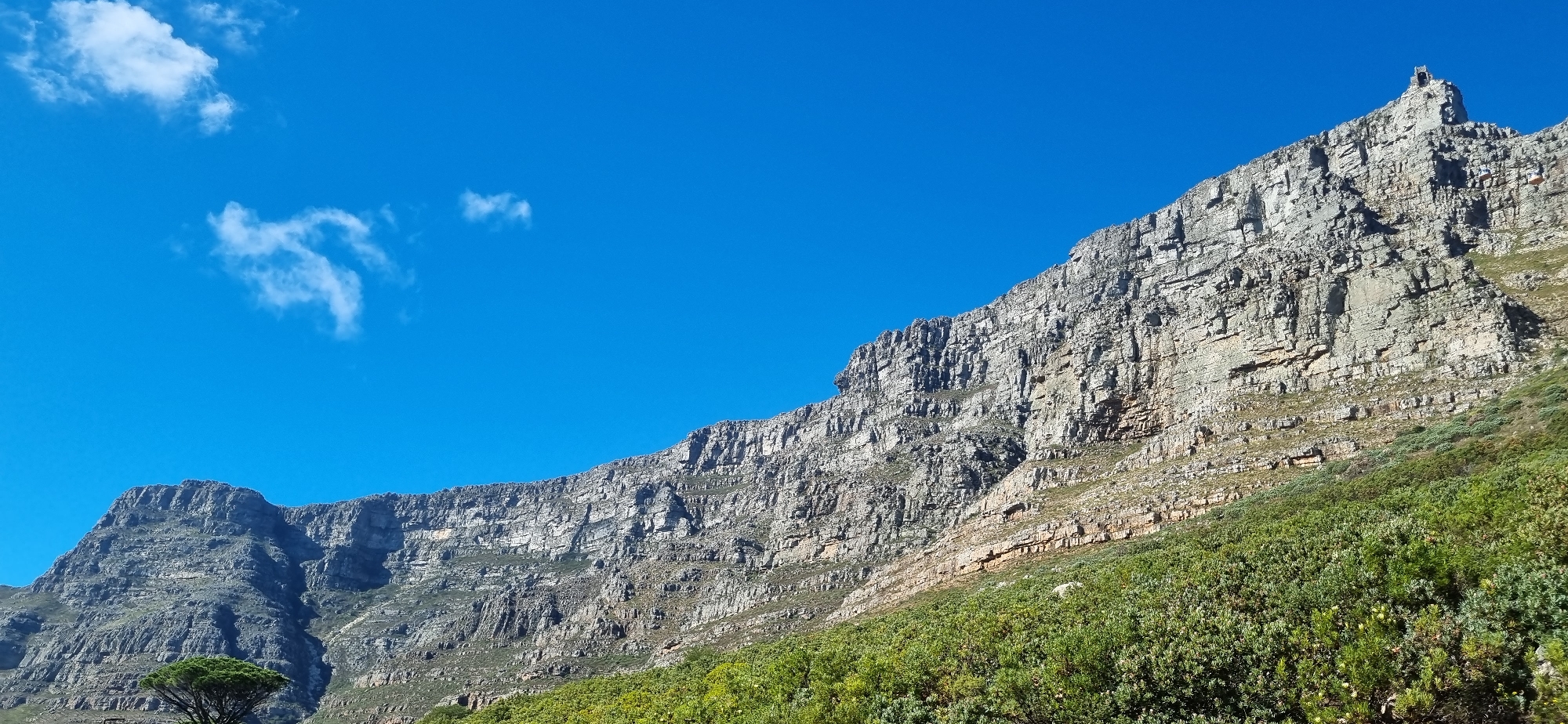 The image captures a view of Table Mountain in Cape Town, South Africa, under a clear blue sky with a few scattered clouds. The mountain's rocky facade dominates the frame, with layers of gray rock extending upwards. Vegetation, predominantly green shrubs and bushes, covers the lower slopes. There are no people visible in the shot. The composition focuses on the natural landscape, highlighting the scale and ruggedness of the mountain.