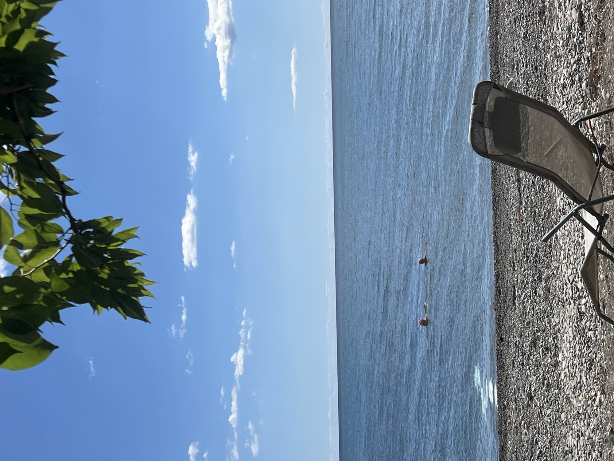 The image shows a serene outdoor scene featuring a body of water, a rocky shore, and a lounge chair. Overhead, green leaves hang from a tree branch, partially obscuring the bright blue sky dotted with white clouds. In the middle ground, two individuals are swimming in the calm, blue water, their heads visible above the surface. The foreground is dominated by a textured, rocky beach, with a single, empty lounge chair angled towards the water, suggesting a moment of relaxation or anticipation. The overall atmosphere is peaceful and summery. The location is Unknown, Unknown.