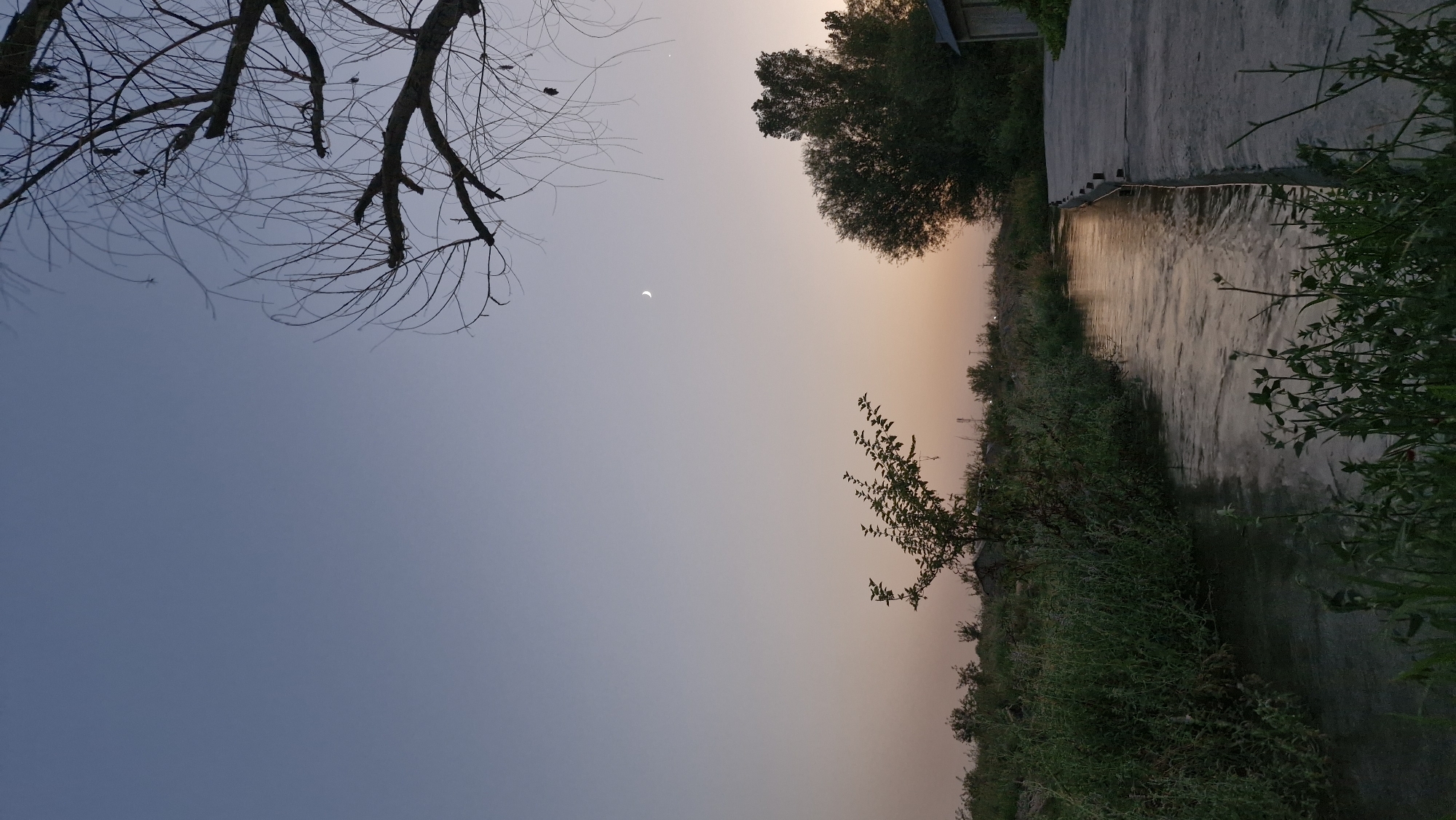 An outdoor, eye-level, vertical medium shot captures a tranquil scene at dusk in an unknown, unknown city. The sky transitions from a pale blue at the top to a soft pink and orange hue near the horizon, indicating the fading light. A crescent moon is visible in the upper right quadrant of the sky. Silhouetted against the sky are the bare branches of a deciduous tree in the upper right corner.
In the mid-ground, a narrow stream flows from the left to the right, its surface reflecting the muted colors of the sky. The banks of the stream are lined with dense, green vegetation. A small, leafy tree stands on the left bank. To the right of the stream, a concrete pathway runs parallel to its edge. Further in the distance on the right, a portion of a simple, rectangular building with a gray roof is visible, surrounded by dark green trees. The overall atmosphere is one of quiet natural beauty as day turns into night.