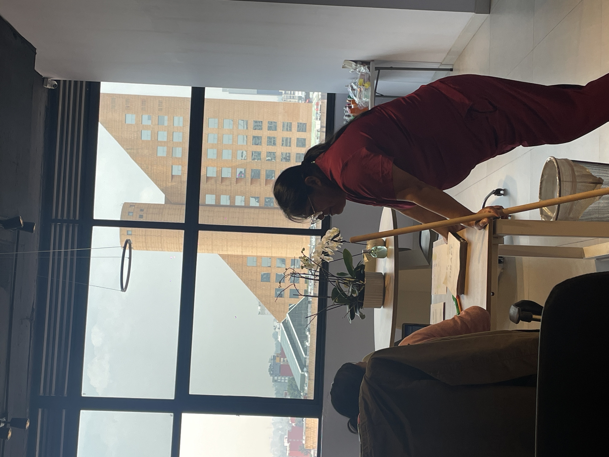 A person in a red shirt is shown in a room, possibly an office, with large windows overlooking a cityscape. The person appears to be performing some sort of exercise or stretching with a wooden pole. Behind them, outside the windows, is a view of Mexico City, Mexico, featuring modern architecture under a cloudy sky. In the foreground, there's office furniture, including a table with a flower arrangement and a chair. A second individual is sitting at the desk.