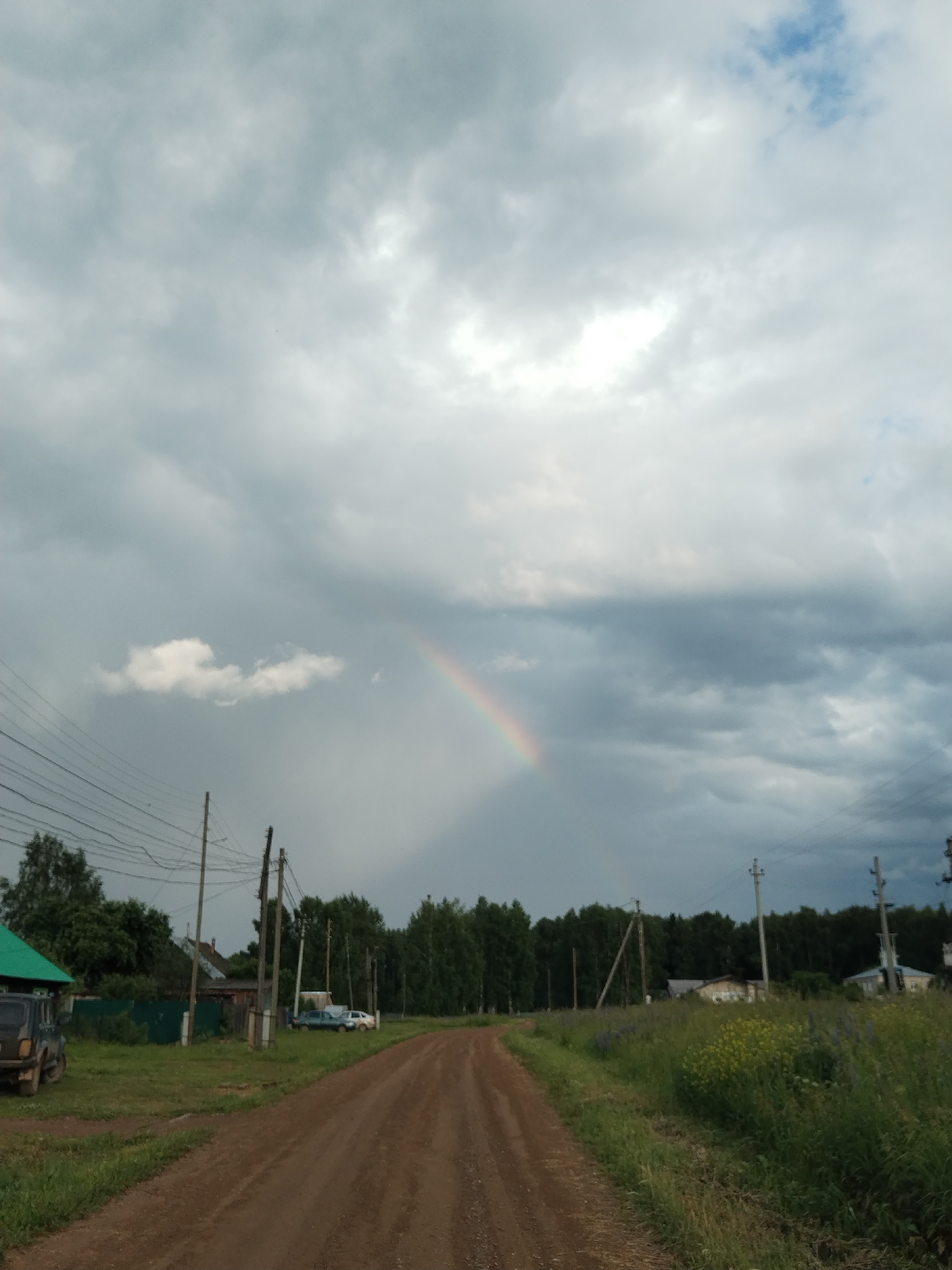 The image depicts a rural landscape in Зипуново, Russia, under a cloudy sky. A dirt road curves through a grassy area dotted with wildflowers and trees. In the distance, a line of dense forest marks the horizon. Several power poles and wires are visible, suggesting the presence of a nearby village. On the left side of the road, a dark-colored vehicle is parked next to a green-roofed building. Further down the road, more houses and a few cars are scattered amongst the greenery. A faint rainbow arcs across the sky, indicating that it may have recently rained or is about to. The overall mood is tranquil and serene, with a sense of natural beauty and quiet rural life. The time of day appears to be late afternoon or early evening, judging by the soft, diffused light. There is no visible text in the image.