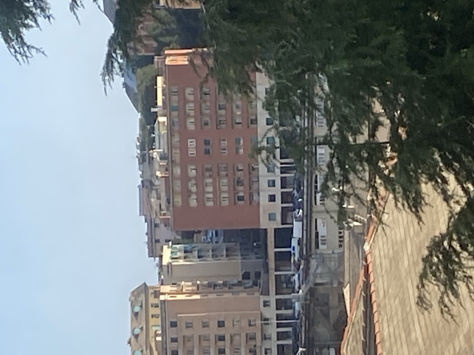 The image depicts a cityscape in Genoa, Italy, under a clear sky. In the foreground, tree branches obscure part of the view. Behind the foliage, various buildings are visible, ranging in height and architectural style. One prominent building, a tall, reddish-orange structure, features multiple floors with numerous windows. To its left, a lighter-colored building stands, also with many windows. Further to the left, another building with a distinctive slanted roof and multiple windows is visible. In the mid-ground, a street scene shows several parked vehicles, including white vans and cars. The overall impression is one of an urban environment with residential and commercial buildings.