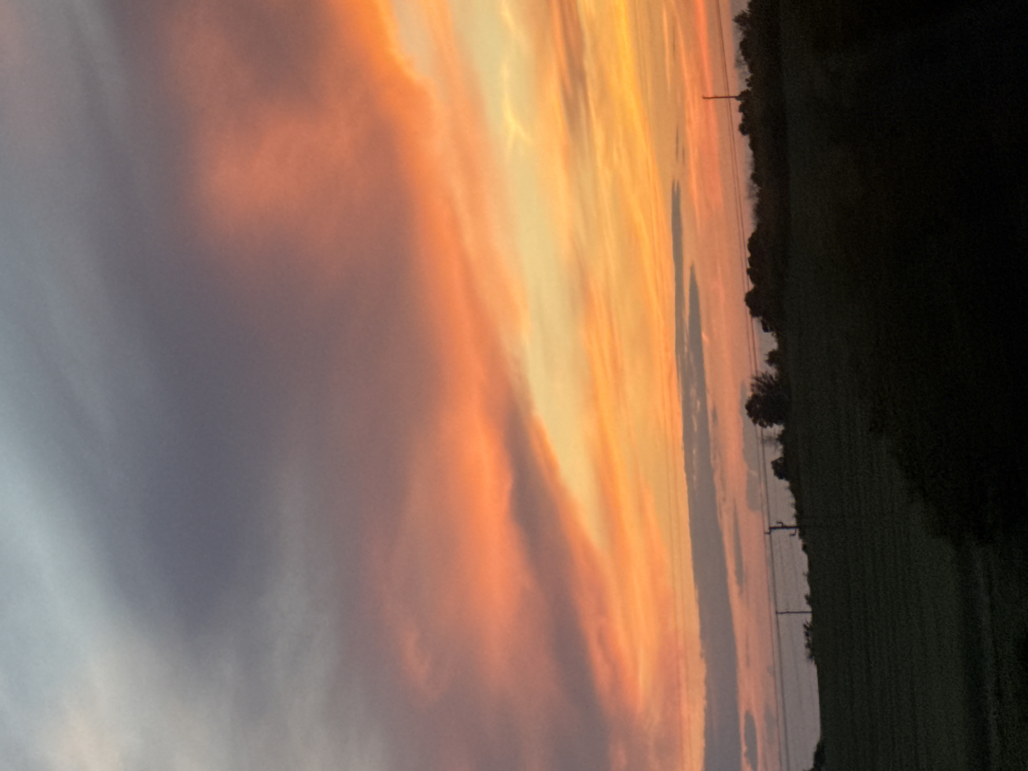 The image depicts a dramatic sunset over a rural landscape in Izvor, Bulgaria. The sky is filled with vibrant streaks of orange, yellow, and pink, indicating the sun is low on the horizon, likely during the late evening. Wispy clouds are illuminated by the setting sun, creating a dynamic and colorful display.
To the right of the sky, a dark silhouette of trees and a field stretches across the frame, suggesting a natural, undeveloped setting. Power lines are visible running horizontally through the scene, indicating some human infrastructure in the distance. The field appears to be agricultural, possibly a meadow or crop land, adding to the rural context. The overall mood conveyed by the image is one of peacefulness and awe, inspired by the natural beauty of the sunset. There is no visible text in the image.