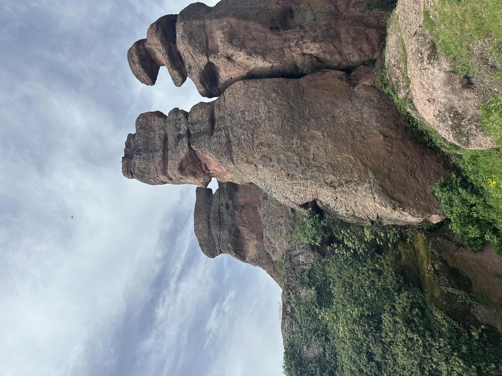 This image shows a close-up, low-angle shot of the Belogradchik Rocks in Belogradchik, Bulgaria. The sandstone formations are reddish-brown, with a rugged, layered appearance. There are three distinct rock levels visible. Vegetation, including green plants and vines, grows along parts of the rocks. The sky is overcast with wispy clouds.