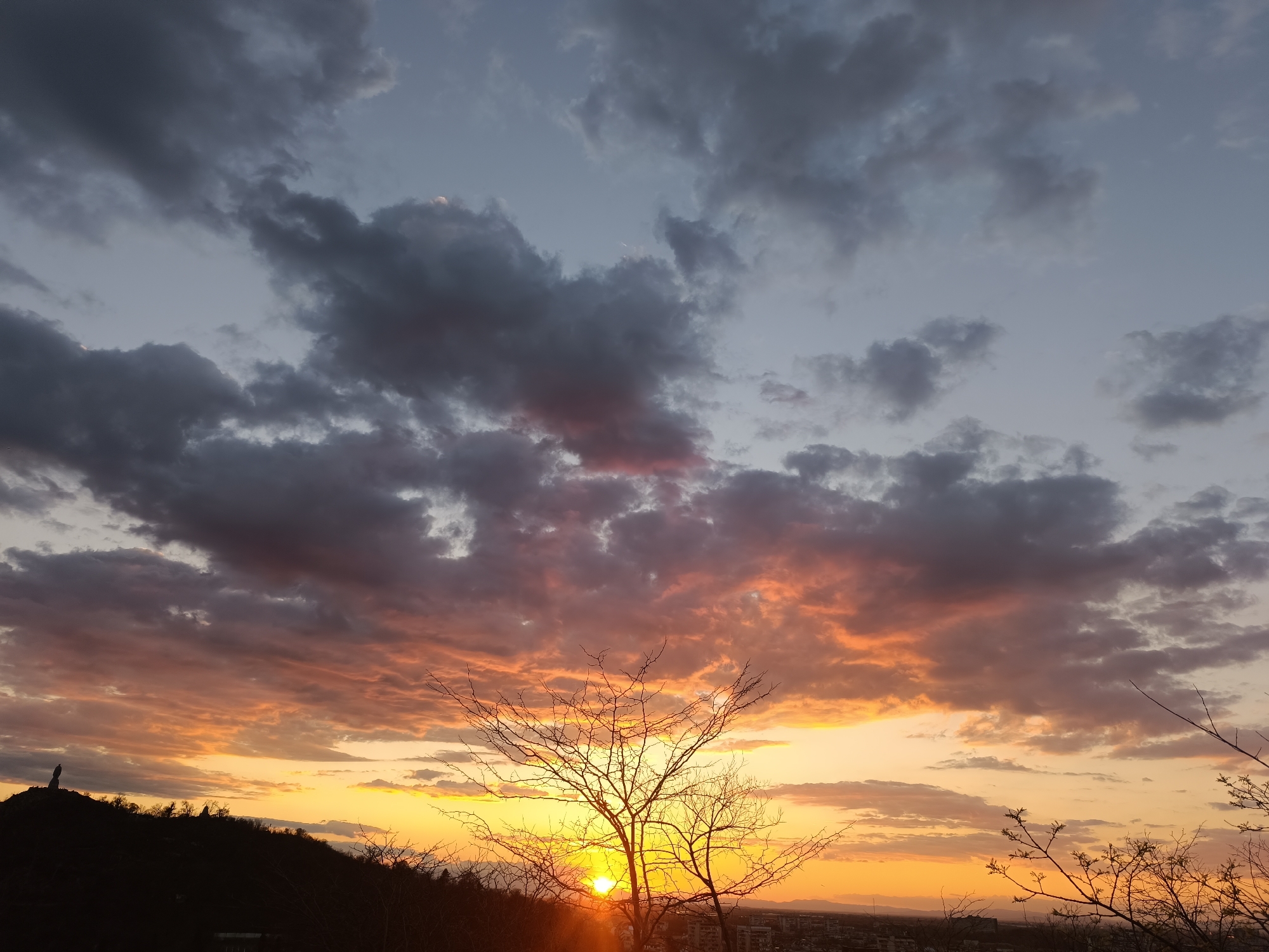 The image shows a dramatic sunset over the city of Unknown, Unknown. The sky is filled with a mix of grey and dark clouds above a layer of orange, yellow and pink clouds. A bare tree silhouette is visible in the foreground, with the sun positioned directly behind its trunk. To the left, a hillside with a statue on top is silhouetted against the bright sky. A city skyline is visible in the distance beneath the colorful sky. Some bare tree branches are visible on the right edge of the image.
