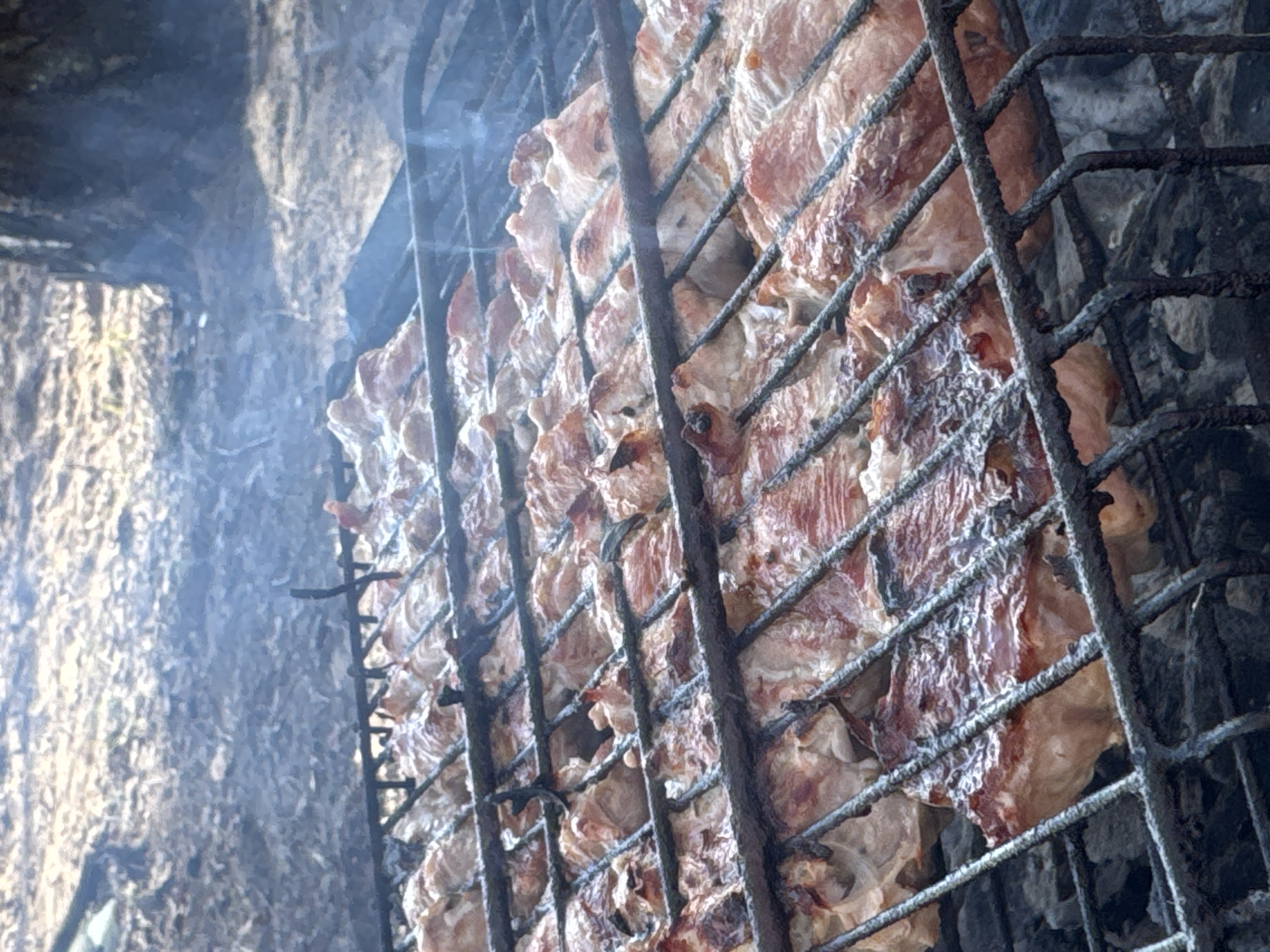 The image shows meat, seemingly pork, being barbecued on a metal grill. The grill is blackened with use and positioned over a fire pit, suggested by the smoke rising on the left side of the frame. The meat is cut into thin strips and laid out in a dense, overlapping arrangement across the grill surface. The environment surrounding the cooking area appears to be natural, possibly within a cave or against a rocky hillside. The location information, Chaikovsky, Russia, suggests this is a place where such outdoor cooking might occur. No people are visible in the frame.