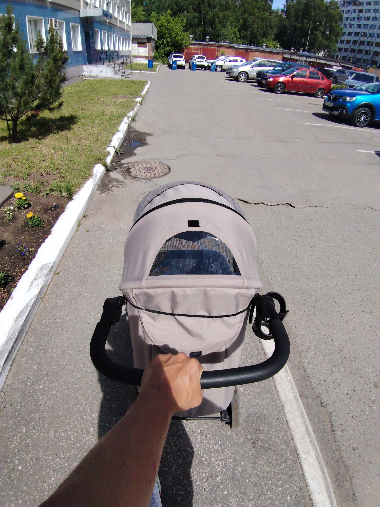 In Chaikovsky, Russia, a first-person perspective shot captures a stroller being pushed along a paved sidewalk adjacent to a grassy area with a small pine tree. The sidewalk is bordered by a white curb and a manhole cover is visible on the pavement. Behind the stroller and to the left, a blue and white building stands, with a section of a dark brick wall and trees in the background. Further in the distance, a parking lot is filled with various cars, including a blue SUV, a red sedan, and several other vehicles. The scene appears to be a typical urban or suburban setting on a sunny day.