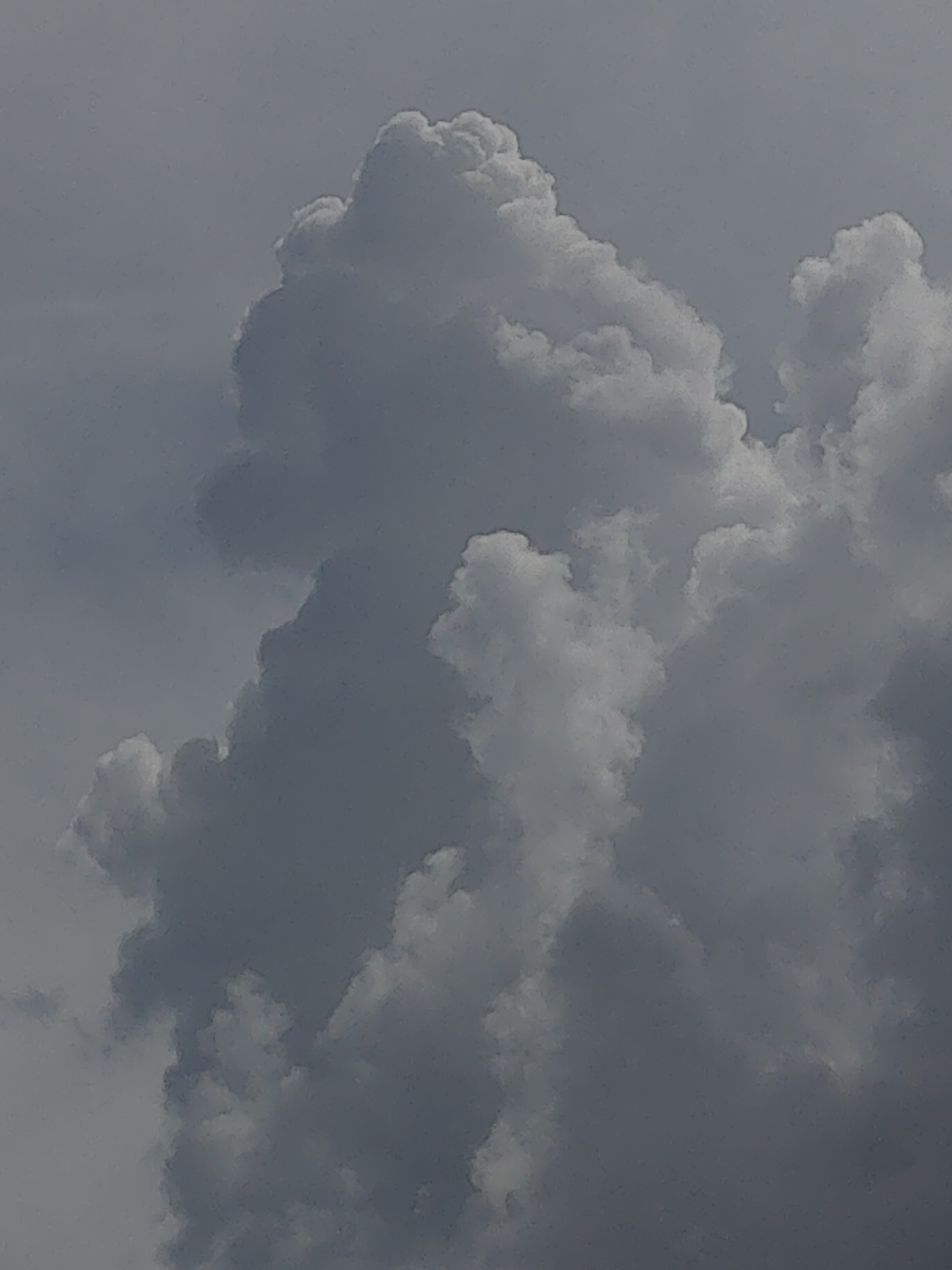 This is a close-up, slightly grainy, medium-shot photograph of a dramatic cloud formation against a muted gray sky. The clouds are predominantly dark gray with some lighter, brighter white areas that suggest illumination from an unseen light source, possibly the sun behind the clouds. The cloud structures are dense and appear to be rising, with billowy and turbulent textures. The composition is dominated by the imposing cloud mass, which fills most of the frame. The lighting is diffuse and overcast, contributing to the somber mood of the image. There are no people, man-made objects, or specific landmarks visible in the photograph. The image appears to be a natural scene, a capture of the sky. It is not possible to determine the specific location within Manali, India, as there are no identifying features present in the image.