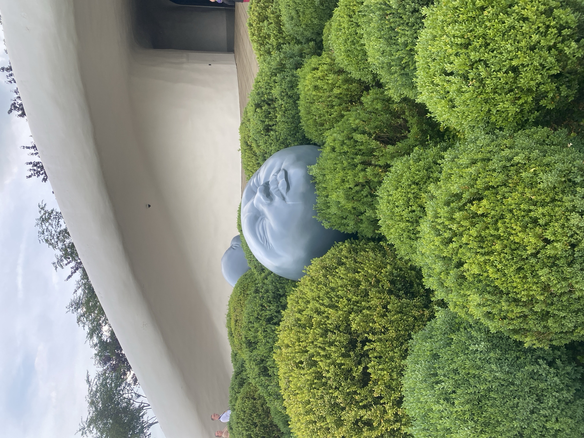 This detailed, eye-level, full-frame image depicts an artistic landscape within Galitsky Park in Krasnodar, Russia. The foreground is dominated by a dense, undulating bed of tightly manicured, rounded green bushes of varying shades. Emerging from this greenery, slightly right of center, is a large, smooth, grey spherical sculpture depicting a human face with a serene expression, a prominent drop-like element visible on its lower lip. Partially visible behind and to the right of this central sculpture is another similar, less distinct grey spherical form, also nestled amongst the bushes.
In the background, a distinctive modern building with smooth, curved, light-colored concrete walls forms a prominent architectural feature. The structure on the left curves upwards, revealing the tops of green trees and an overcast sky with visible clouds beyond its crest. Towards the right, the building forms a deep, shaded arched entrance or tunnel. Two adult individuals are discernible in the upper left background, standing near the building's base, partially obscured by the structure and vegetation. One individual wears a light-colored shirt and glasses. A third person is faintly visible near the entrance on the far right. The overall lighting is soft and diffused under a cloudy sky.