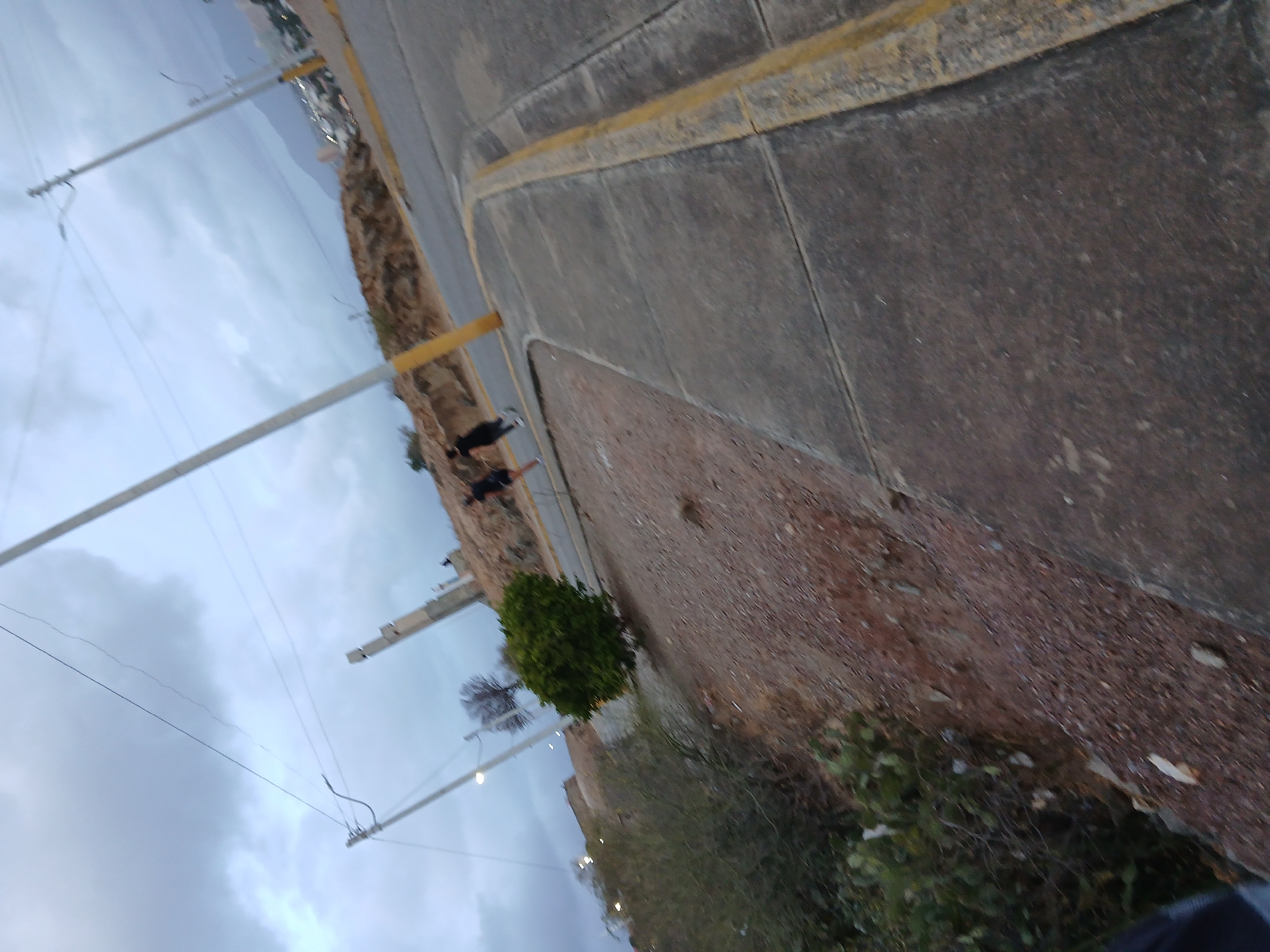 The image shows a street scene in Juan Griego, Venezuela. A concrete sidewalk with a yellow curb borders a paved road. A slope with sparse vegetation and soil runs alongside the sidewalk. Power lines and poles are visible against a cloudy sky. Two people walk on the side of the road near the yellow curb. A small, rounded bush sits on the edge of the slope.