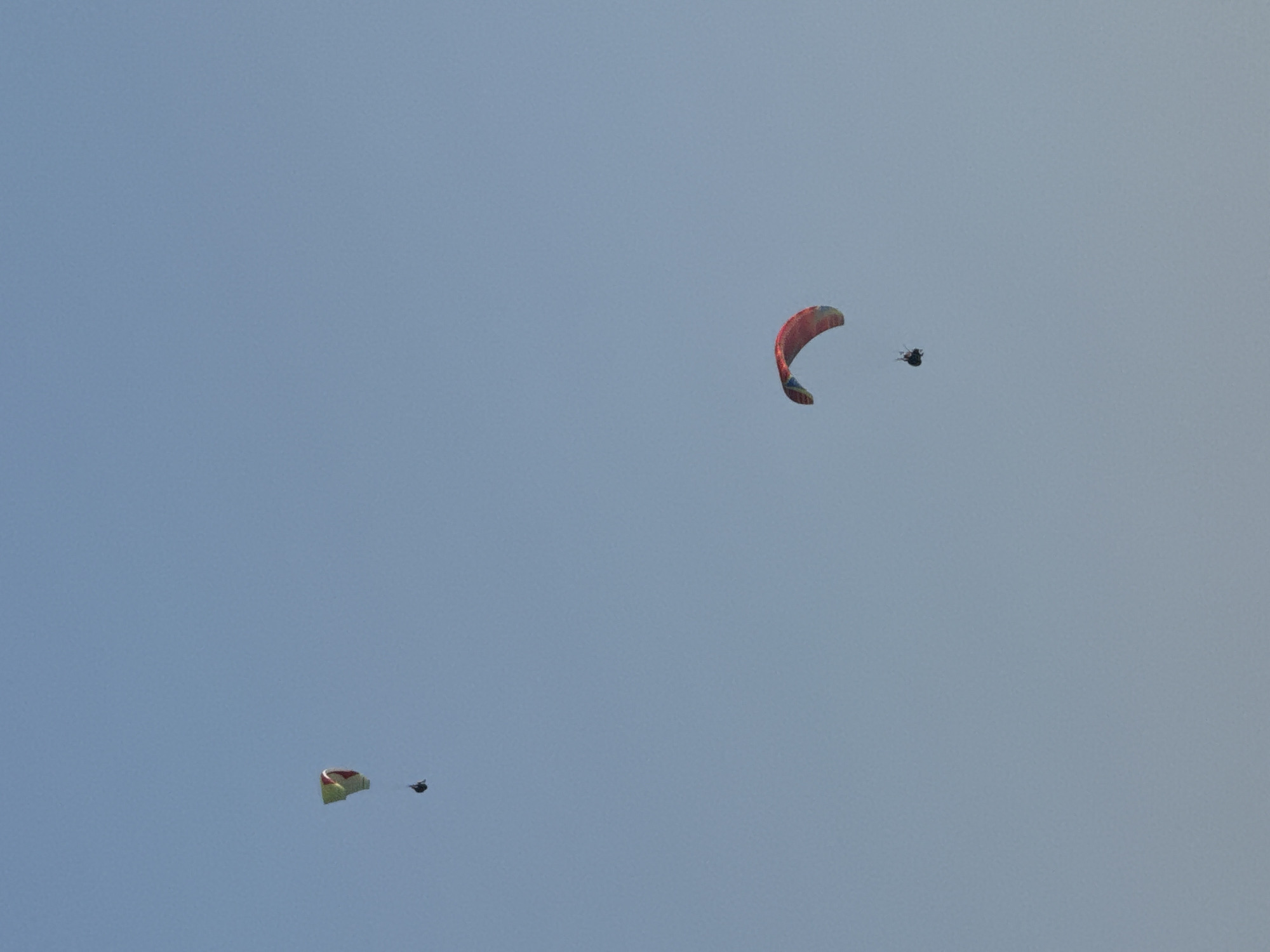 Two paragliders are airborne against a clear, pale blue sky. The paraglider on the left is a light-colored wing with red accents, and a person is suspended beneath it. The paraglider on the right is a predominantly red wing with multicolor accents and a person is suspended beneath it. The scene appears to be an outdoor recreational activity. There is no visible indication of the city of Boreti, Montenegro.