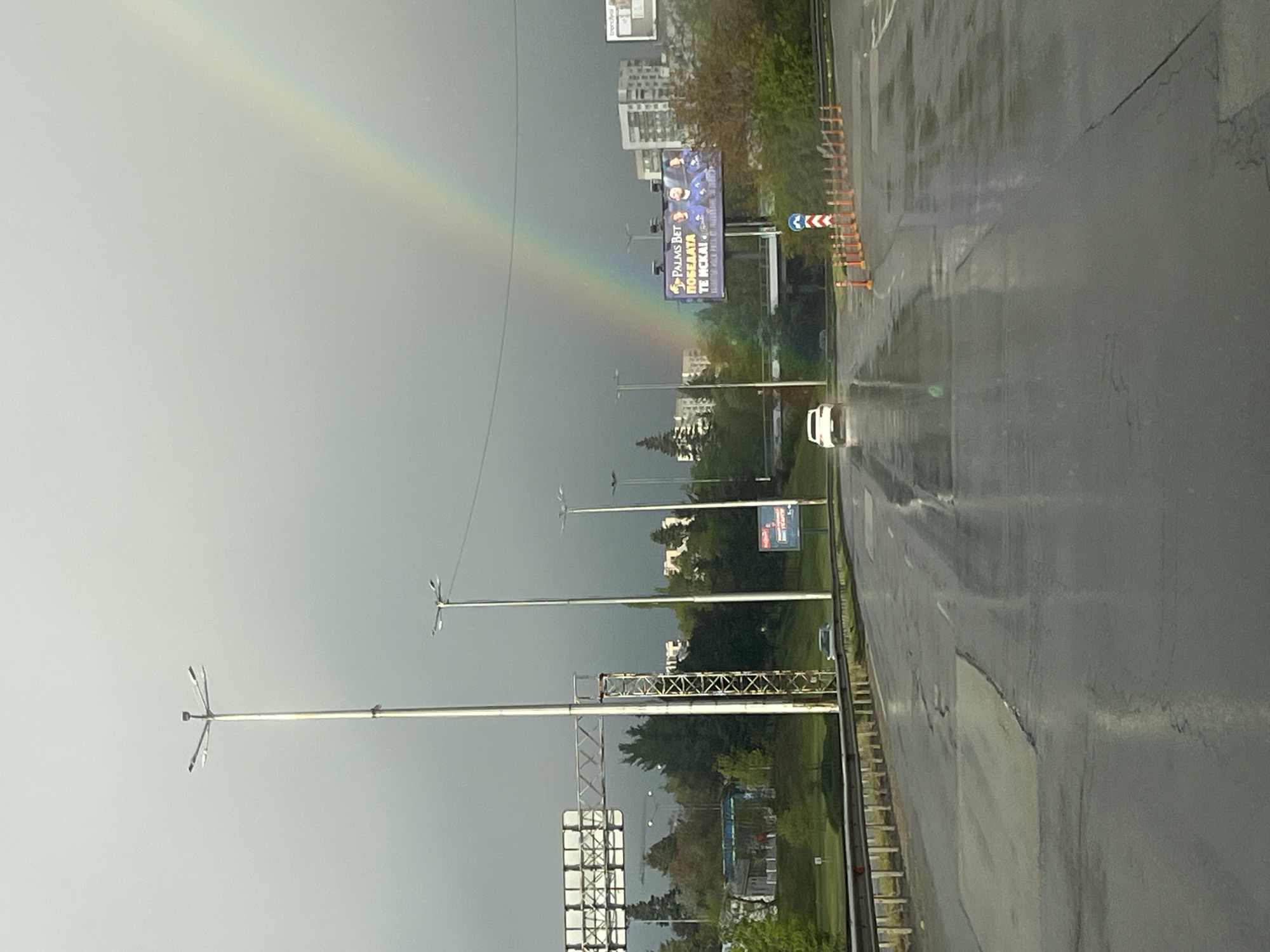 The image shows a street scene in Sofia, Bulgaria, on a rainy day. A rainbow arcs over the city, terminating near a billboard for "Palms Bet." The wet asphalt of the road reflects the sky. Streetlights line the road. A white car is visible on the road, and some traffic cones are to the right of the billboard. In the background are buildings and greenery, obscured by the rain and clouds.