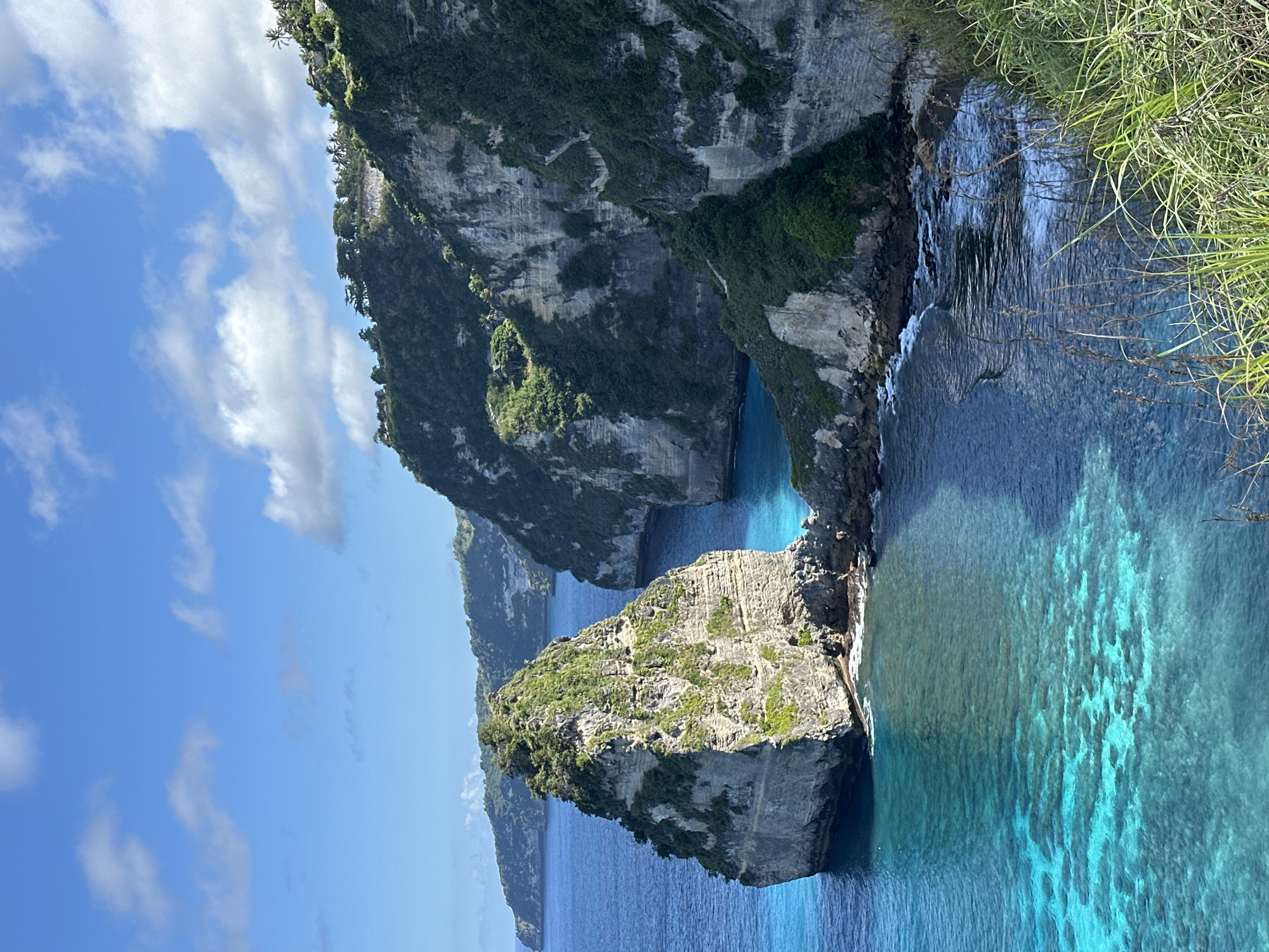 The image captures a scenic view of Nusa Penida, Indonesia. Dominating the scene are rugged, steep cliffs covered in lush greenery, plunging into the turquoise waters of the ocean. A large, rocky island, also covered in vegetation, stands prominently in the foreground. The sky is a clear blue with scattered white clouds. The ocean water transitions in color from a deep blue further out to a brighter turquoise near the shore, indicating varying depths and the presence of reefs. There are no visible people in the image. The focus is on the natural landscape, highlighting the dramatic coastal formations and vibrant colors of the sea and sky.