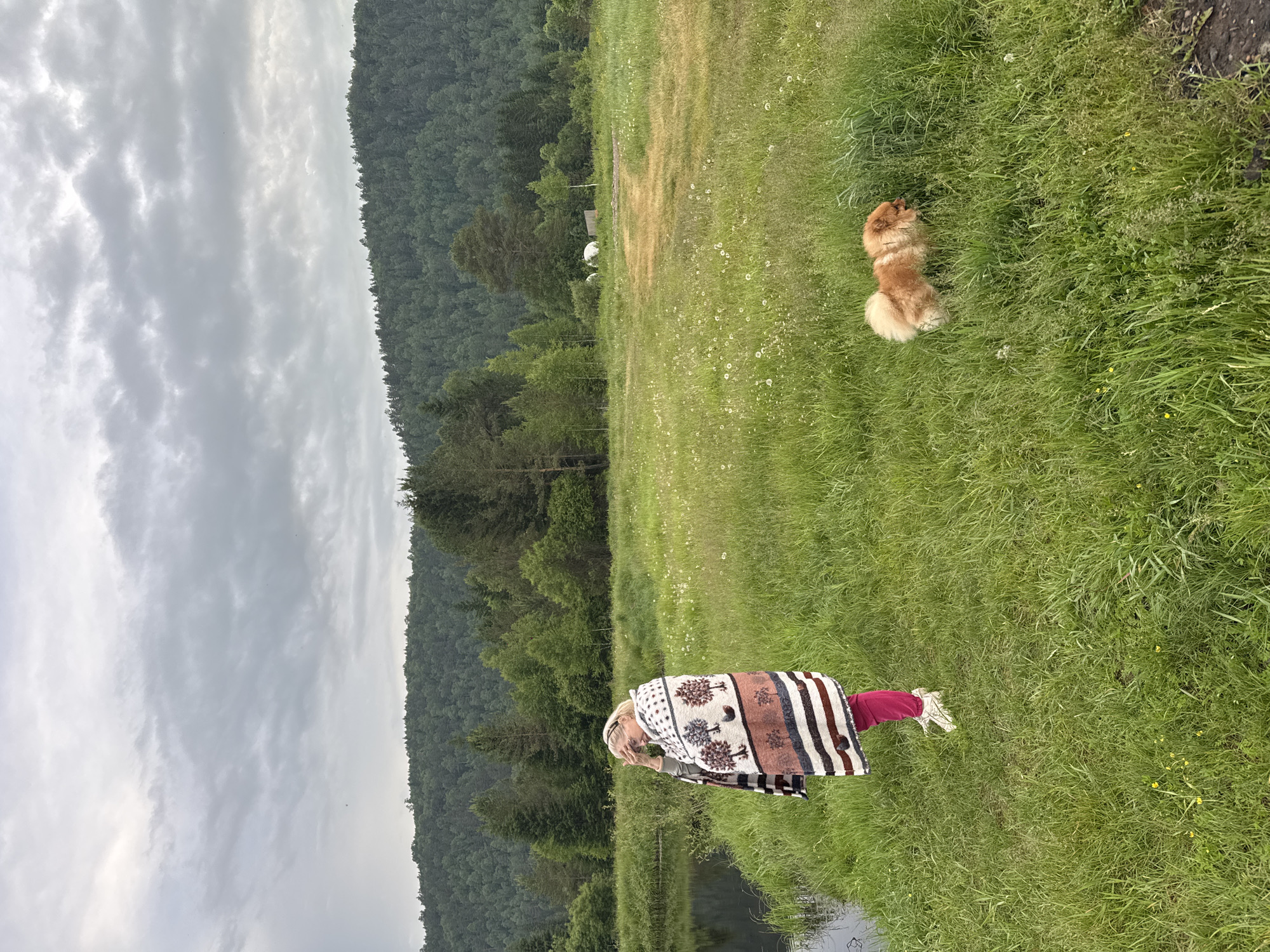 In a grassy meadow with a forest-covered hill in the background, a woman stands near the edge of a body of water. She is wrapped in a patterned blanket and wearing pink pants and white shoes. To her right, a small, fluffy dog with orange fur sniffs the ground. In the distance, there are two white structures, possibly tents or bales of hay. The sky is overcast with gray clouds.