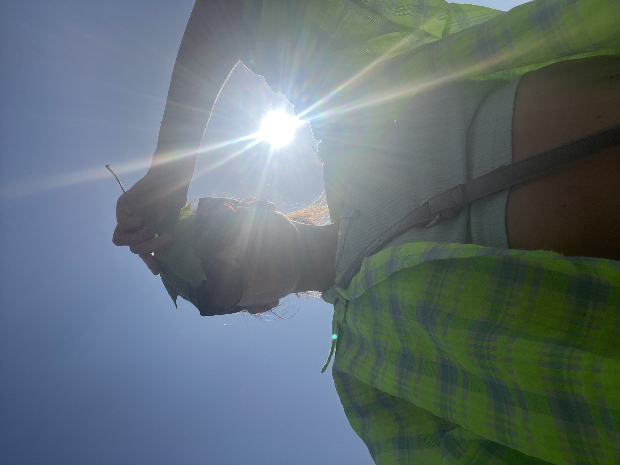 A low-angle shot captures a person holding a leaf against a bright, clear, blue sky with the sun at the center. The person wears sunglasses, a pale top, and a green plaid shirt or jacket. A strap is visible across their shoulder. The intense sunlight creates lens flare and silhouettes the person's face and hand holding the leaf. The location cannot be determined from the visual information.