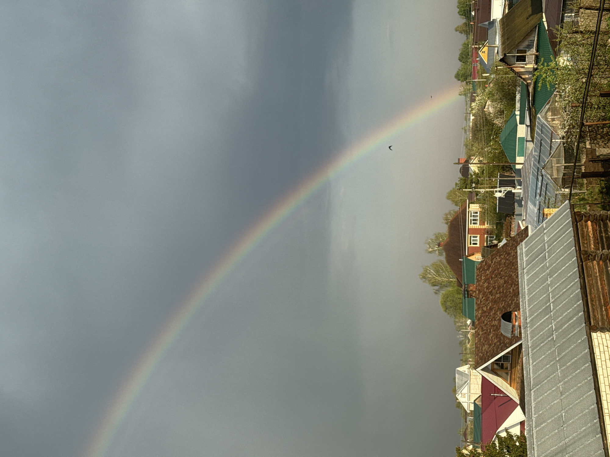 A rainbow arcs across the sky above Bol'shoye Kozino, Russia. The houses of the town are visible beneath the rainbow. The sky is gray and cloudy.