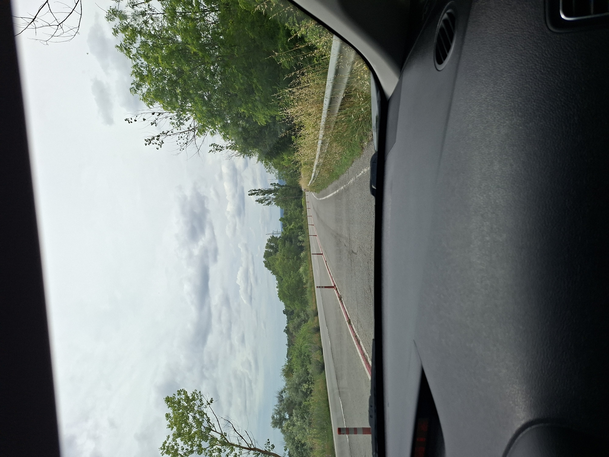 The image is a point-of-view shot from inside a car, looking out through the windshield. It depicts a two-lane asphalt road with a white dividing line and orange and white traffic cones placed along the right lane. The road curves to the left and is bordered by a metal guardrail and tall, dry grass on the right. On the left side of the road, there are trees and dense green vegetation. The sky is overcast with scattered clouds. The foreground of the image shows the dark interior of the car's dashboard. This scene is likely on a road in or near Bliznatsi, Bulgaria, given the context provided.