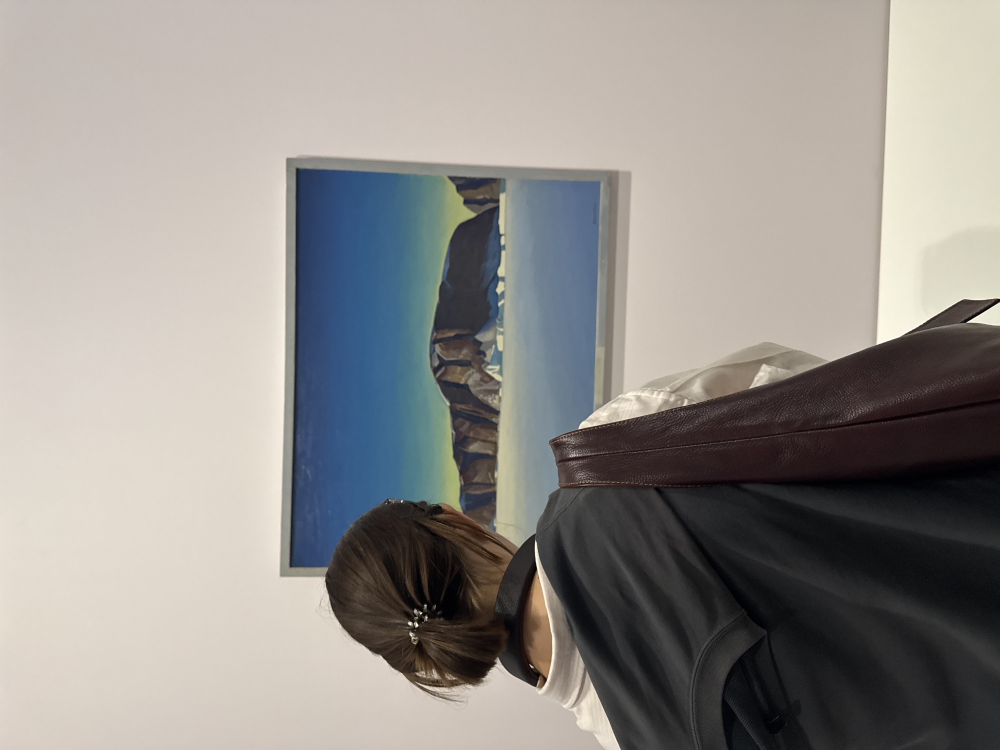 A person with dark hair styled in a bun, adorned with a sparkly hair clip, is seen from behind, facing a framed painting. The painting depicts a landscape with rocky formations against a bright blue sky, with a foreground of white and light blue suggesting snow or ice. The person is wearing a white collared shirt and has a dark gray jacket draped over their left shoulder and a dark red leather bag slung over their right shoulder. The background is a plain white wall. The scene appears to be an indoor art exhibition or gallery. There is no indication of the city of Moscow, Russia in the image.