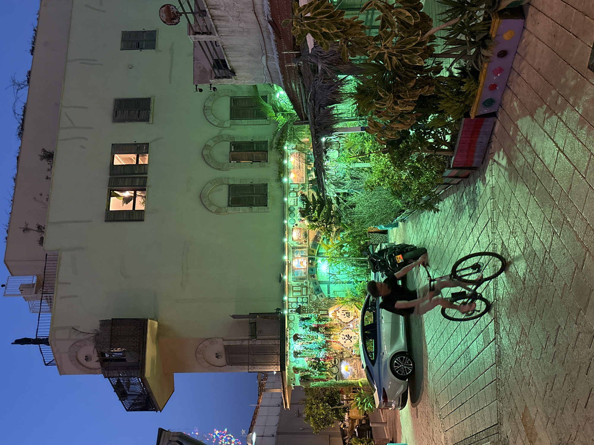 An outdoor shot captures a street in Tel Aviv at night, featuring a narrow sidewalk paved with rectangular blocks. A cyclist rides a bicycle on the sidewalk in front of a parked white car.
The left side of the scene is dominated by a multi-story building with windows on each floor. The building has a Mediterranean architectural style with arches above some of the windows. Various decorative elements adorn the facade, including circular designs and wrought iron balconies.
Greenery, including various plants and vines, covers parts of the building facade and sidewalk, creating a lush, overgrown look. A bench with a colorful painted edge sits along the edge of the sidewalk, adding a playful touch.
Streetlights illuminate the scene, casting a green glow over the area and creating shadows on the sidewalk and building.
In the bottom left corner, a glimpse of a structure adorned with lights is visible, suggesting an event or holiday decoration. The sky above is a gradient of deep blue, indicating twilight or early evening.