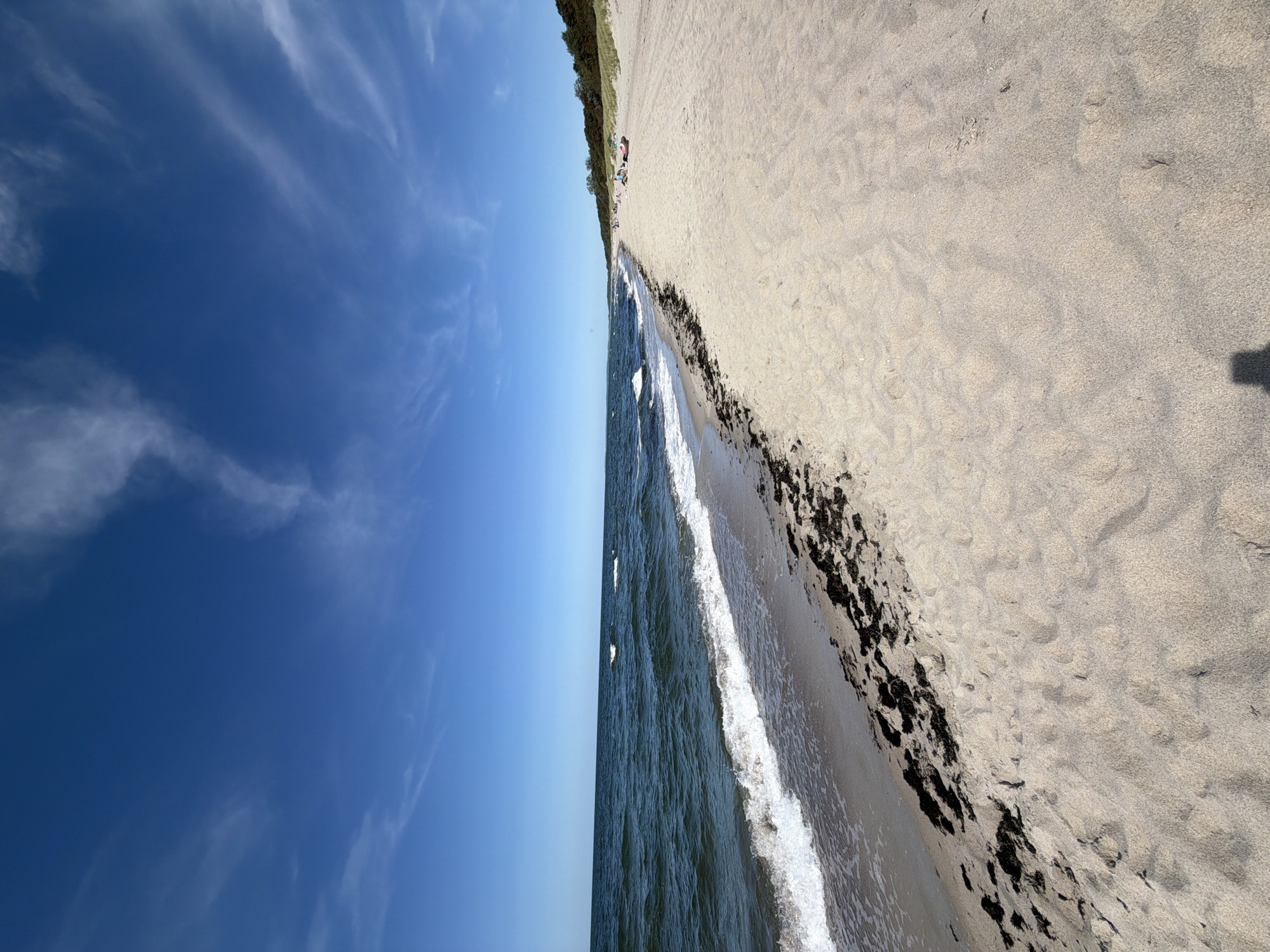The image depicts a wide, sandy beach on a clear day. The ocean, with gentle waves, occupies the left portion of the frame. The beach stretches to the right, bordered by sparse vegetation and trees in the distance. A few scattered individuals can be seen further down the beach, some appearing to be relaxing on the sand. The sand itself shows footprints and some patches of dark seaweed near the waterline. The sky is a vibrant blue, with wispy white clouds. The overall scene conveys a peaceful, natural environment.