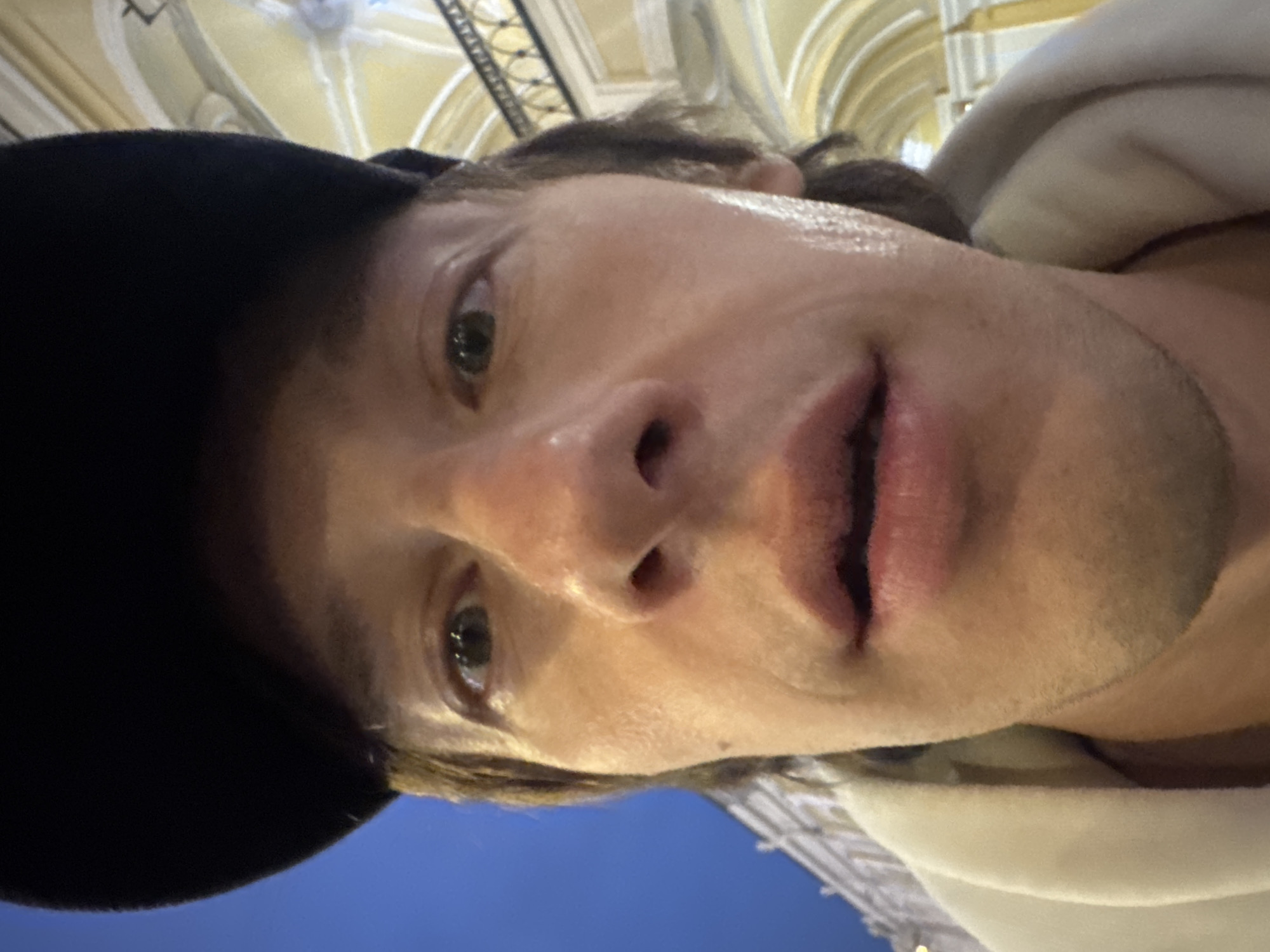 A close-up selfie of a fair-skinned man with brown hair wearing a black baseball cap and a light-colored hoodie. The man has green eyes and slightly parted lips. His face appears to be sweaty. The background features an ornate ceiling with arches and detailed architectural elements, and a blue sky. The location is likely within Saint Petersburg, Russia, judging by the style of architecture.