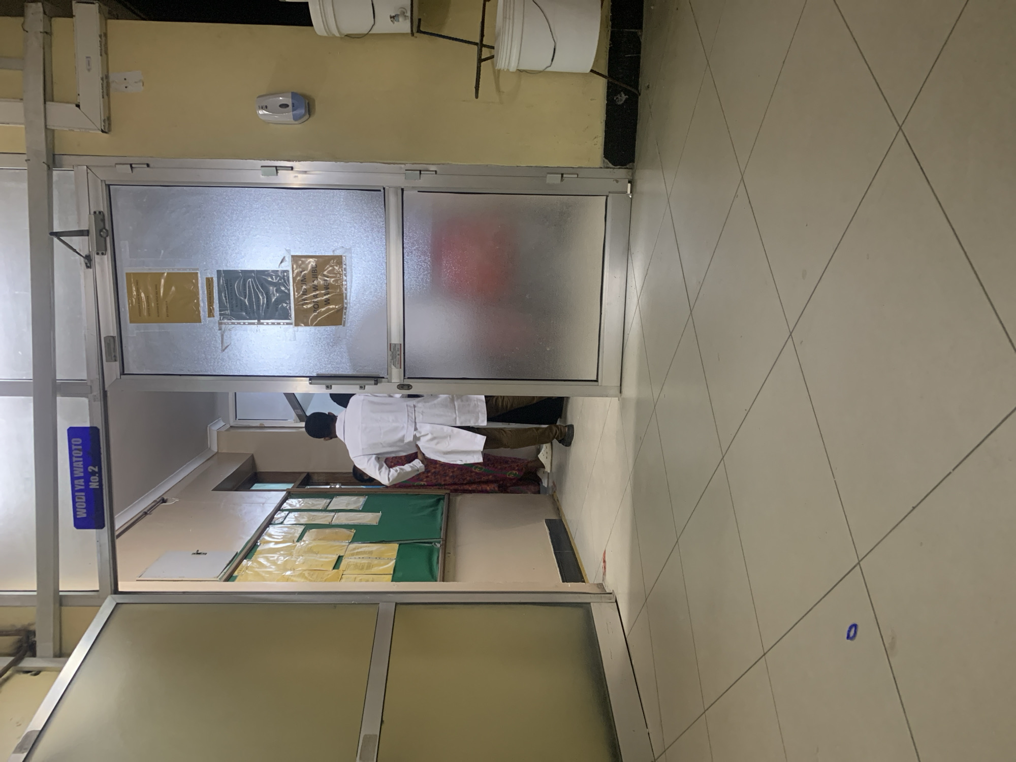 The image depicts the entrance to "Wodi Ya Watoto No. 2," which, based on the sign, is likely Ward 2 for children. A person wearing a white lab coat and brown pants is walking through a set of frosted glass double doors. Inside the ward, several forms or papers are posted on a green and yellow board. The environment appears to be a hospital or clinic setting in Dar es-Salaam, Tanzania. The walls are painted a light yellow color, and the floor is tiled. Above the doors, there are two white buckets hanging.