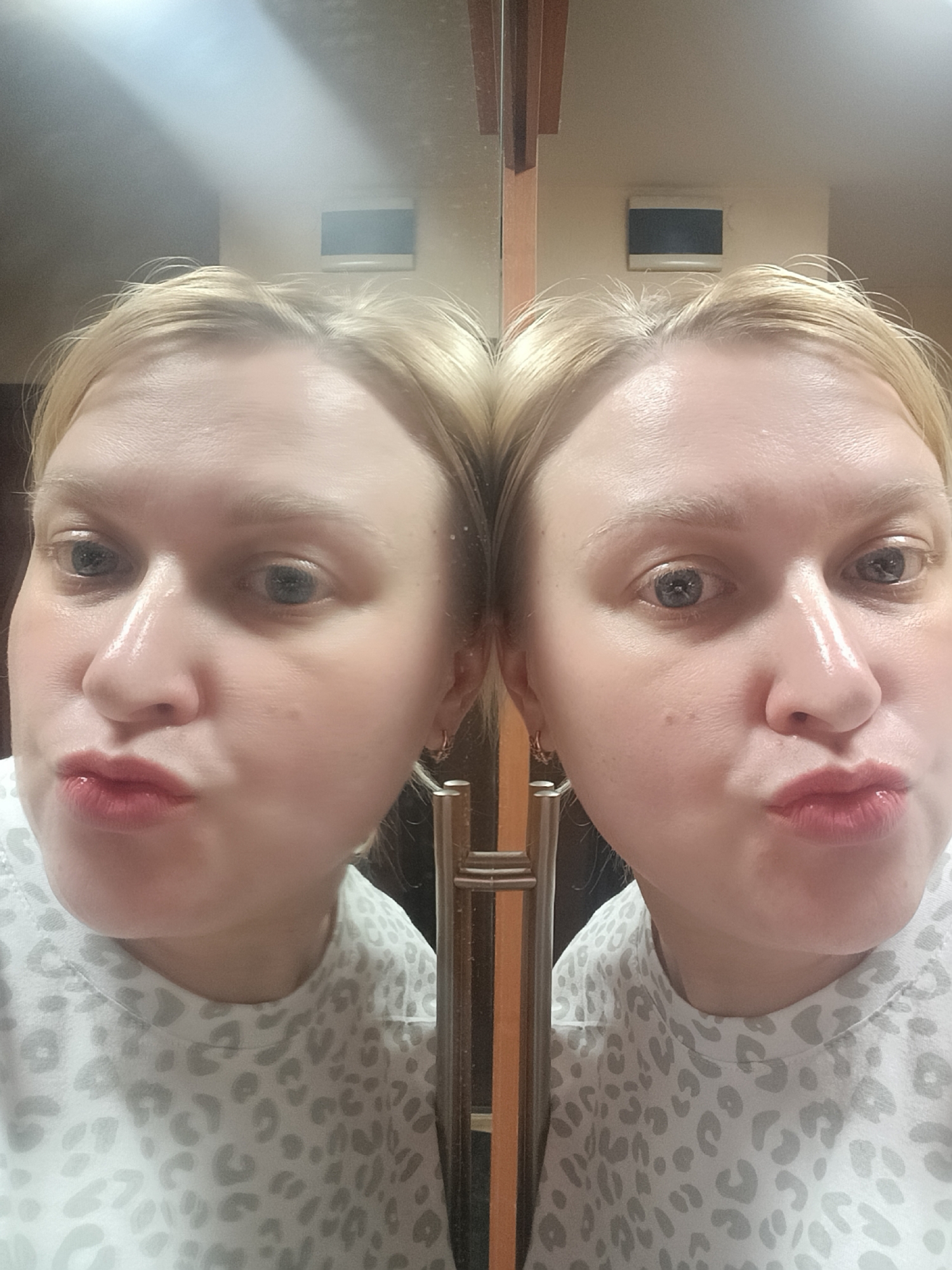 A blonde woman takes a mirror selfie indoors, captured as two reflections of her head and upper torso, separated by a vertical divider or frame within the mirror. She has fair skin, blue eyes, and her lips are pursed in a playful "pout" or "kiss" expression. Her blonde hair appears to be pulled back or short, revealing her forehead. She is wearing a light-colored top with a grey leopard print pattern.
The background visible in the reflections features a light beige or brown wall, on which a dark rectangular object, possibly a vent or small fixture, is mounted. Wooden architectural elements are also reflected in the upper sections of the mirror. The lighting creates highlights on her skin, particularly on her forehead and the bridge of her nose. The setting is an indoor room in Chaikovsky, Russia. The time of day is not discernible, and no text is visible in the image. The woman's expression conveys a lighthearted or affectionate mood.