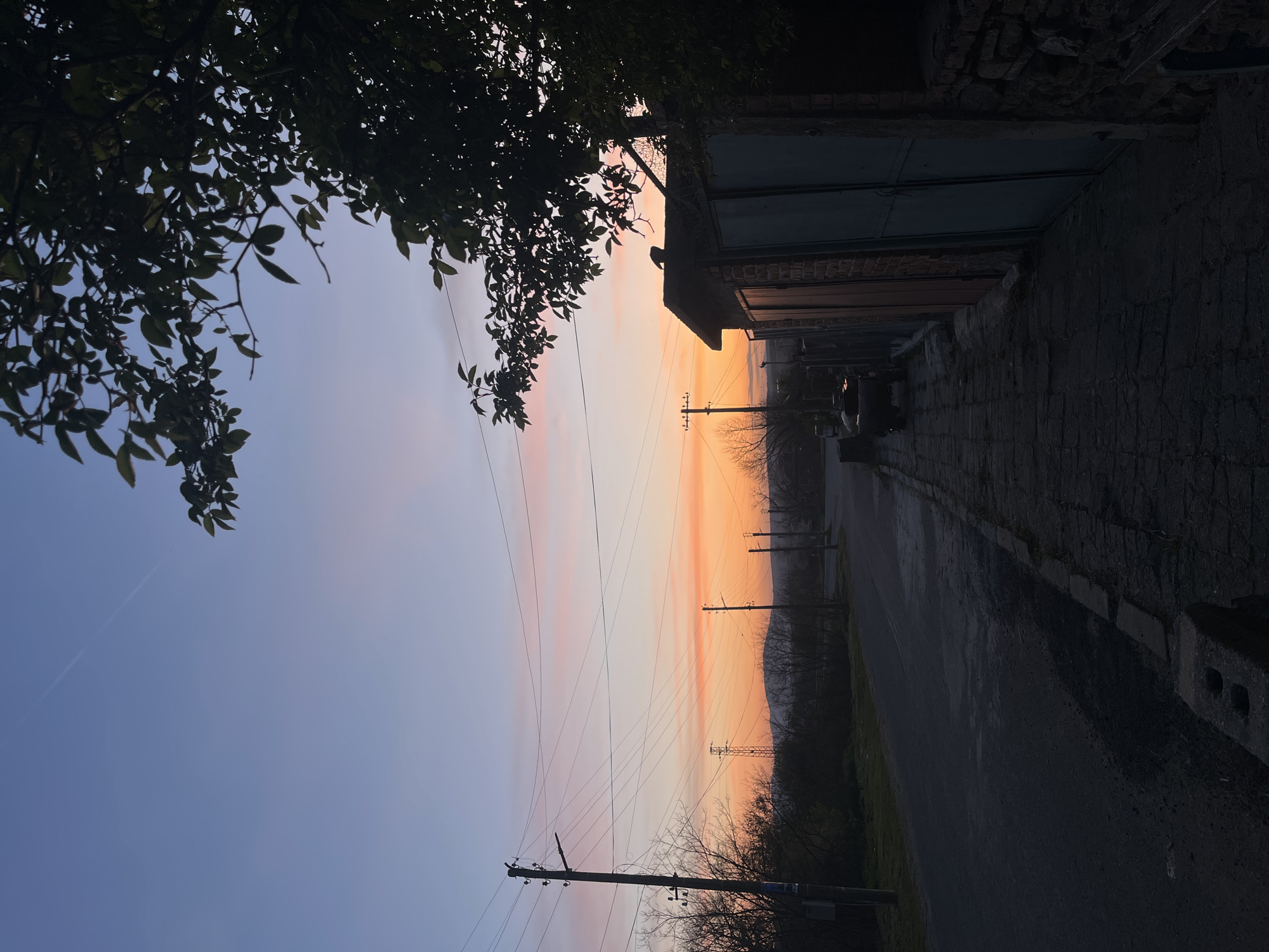 The image depicts a street scene in Lozarevo, Bulgaria, at dusk or dawn. The sky transitions from blue to orange, with power lines running across the view. A road extends into the distance, flanked by vegetation on one side and a building with a brick facade and a set of closed garage doors on the other. A car is parked further down the street. A tree overhangs the image from the upper left corner. The street appears wet.